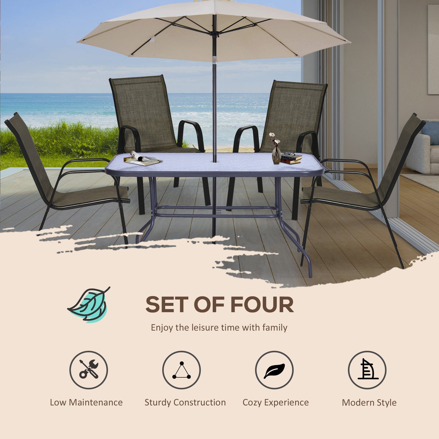 4 Pieces Garden Chairs, Stackable Outdoor Chairs with High Backrest and Armrest, Breathable Mesh Fabric Dining Chair Set of 4, Mixed Brown