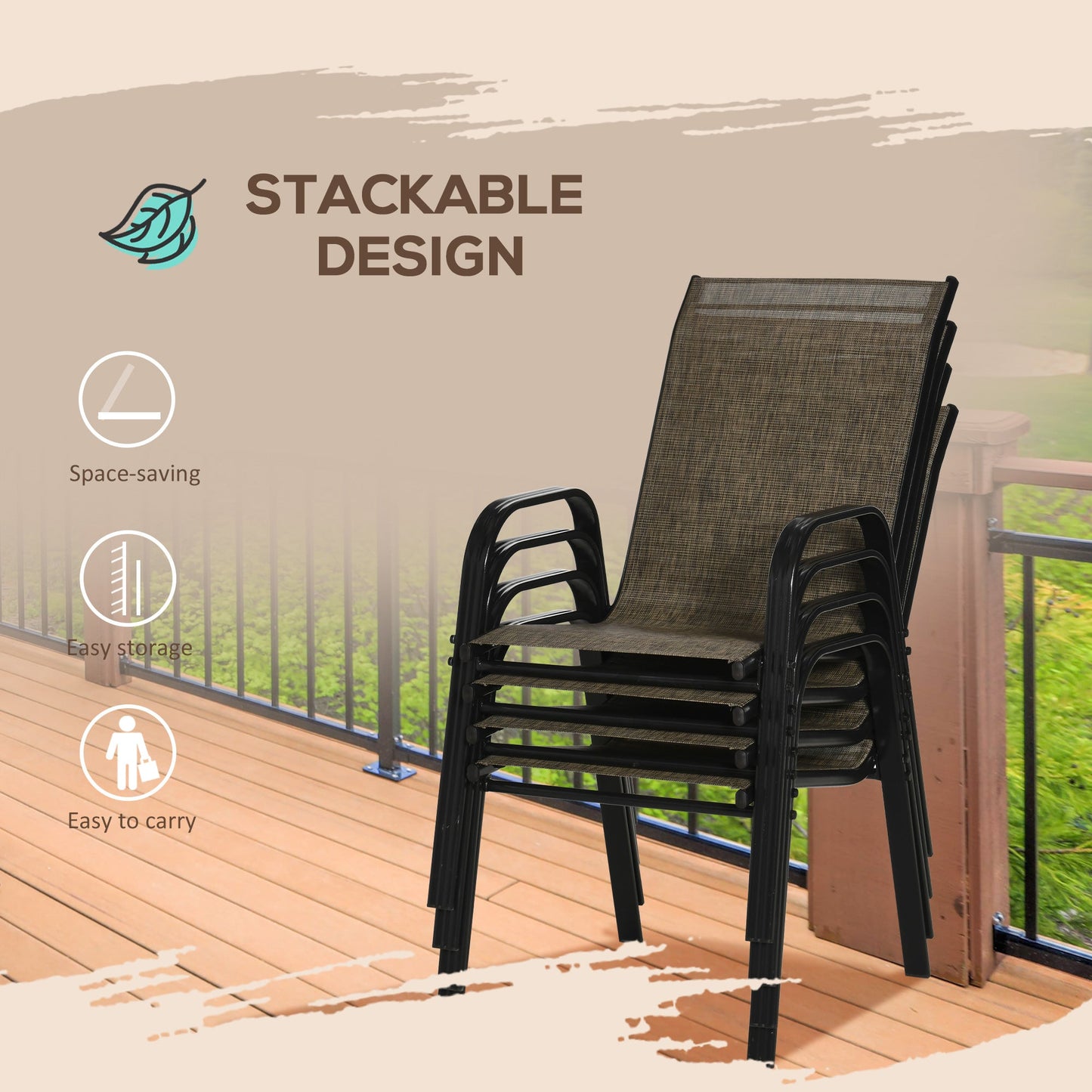 4 Pieces Garden Chairs, Stackable Outdoor Chairs with High Backrest and Armrest, Breathable Mesh Fabric Dining Chair Set of 4, Mixed Brown