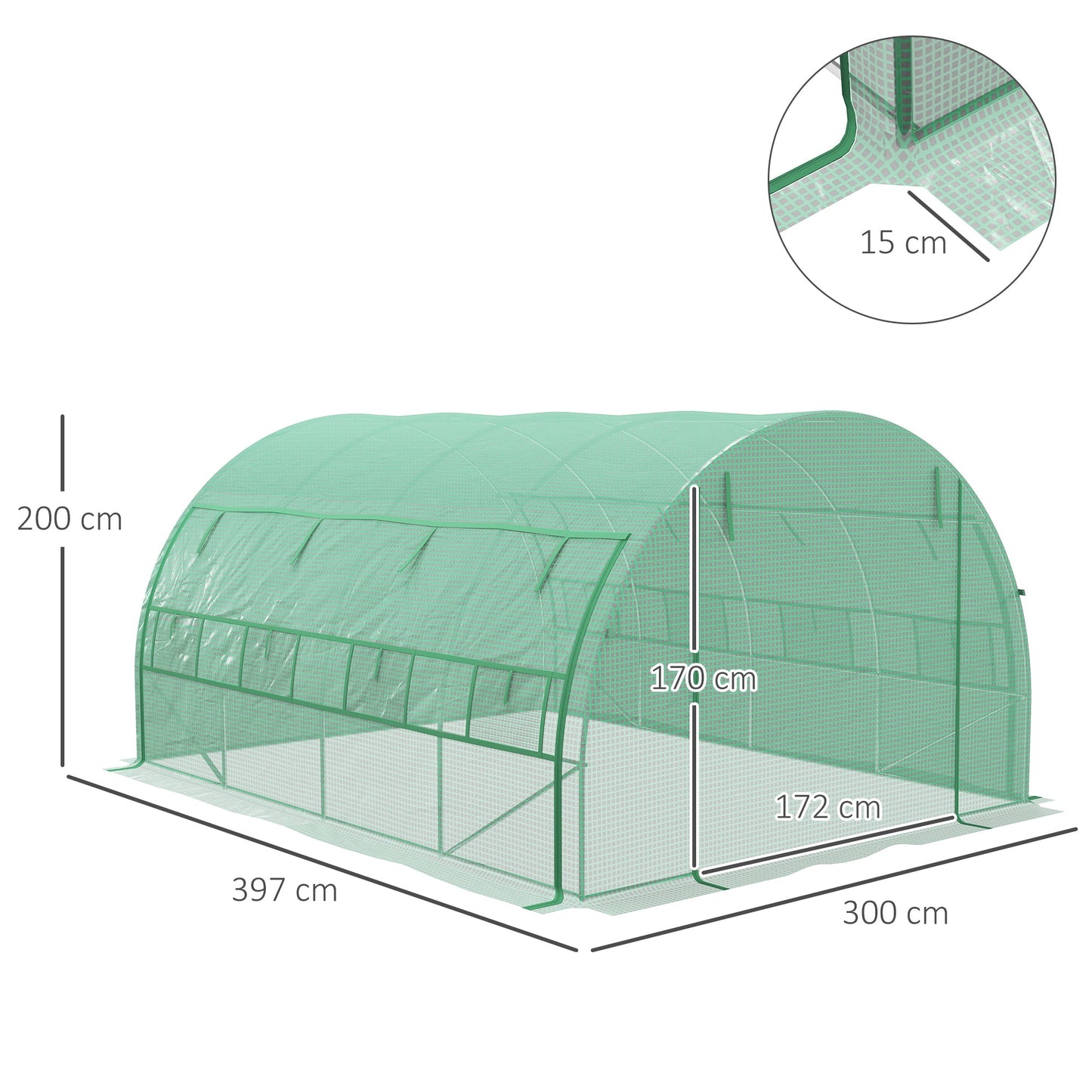 4 x 3 x 2 m Polytunnel Greenhouse with Roll-up Side Walls, Walk-in Grow House Tent with Steel Frame, Reinforced Cover, Zipped Door and 12 Mesh Windows for Garden, Green