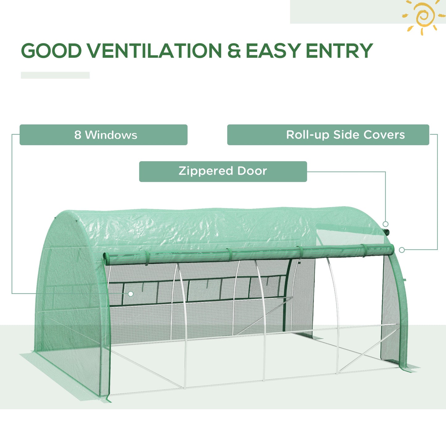 4 x 3 x 2 m Polytunnel Greenhouse with Roll-up Side Walls, Walk-in Grow House Tent with Steel Frame, Reinforced Cover, Zipped Door and 12 Mesh Windows for Garden, Green