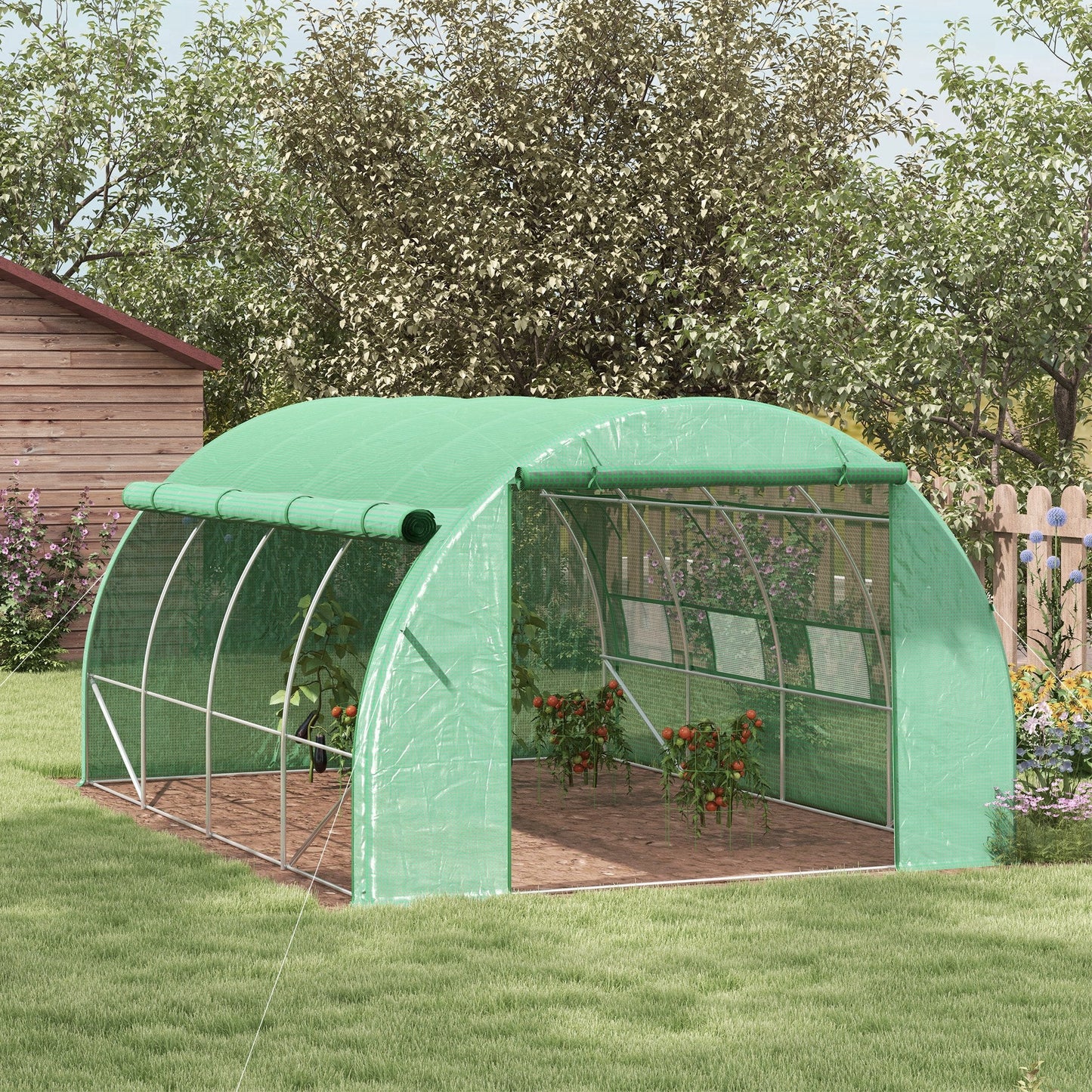 4 x 3 x 2 m Polytunnel Greenhouse with Roll-up Side Walls, Walk-in Grow House Tent with Steel Frame, Reinforced Cover, Zipped Door and 12 Mesh Windows for Garden, Green
