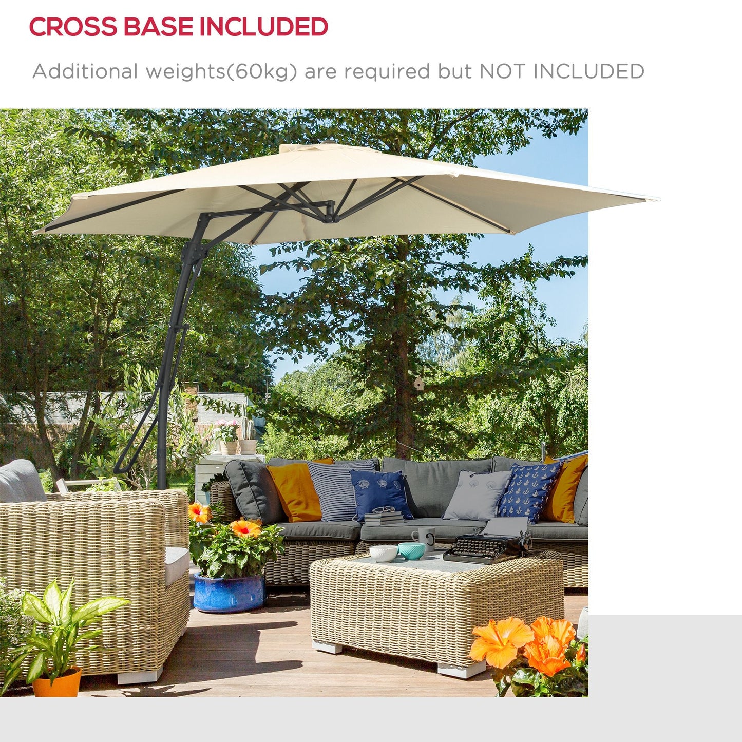3m Cantilever Parasol with Easy Lever, Patio Umbrella with Crank Handle, Cross Base and 6 Metal Ribs, Outdoor Sun Shades for Garden, White
