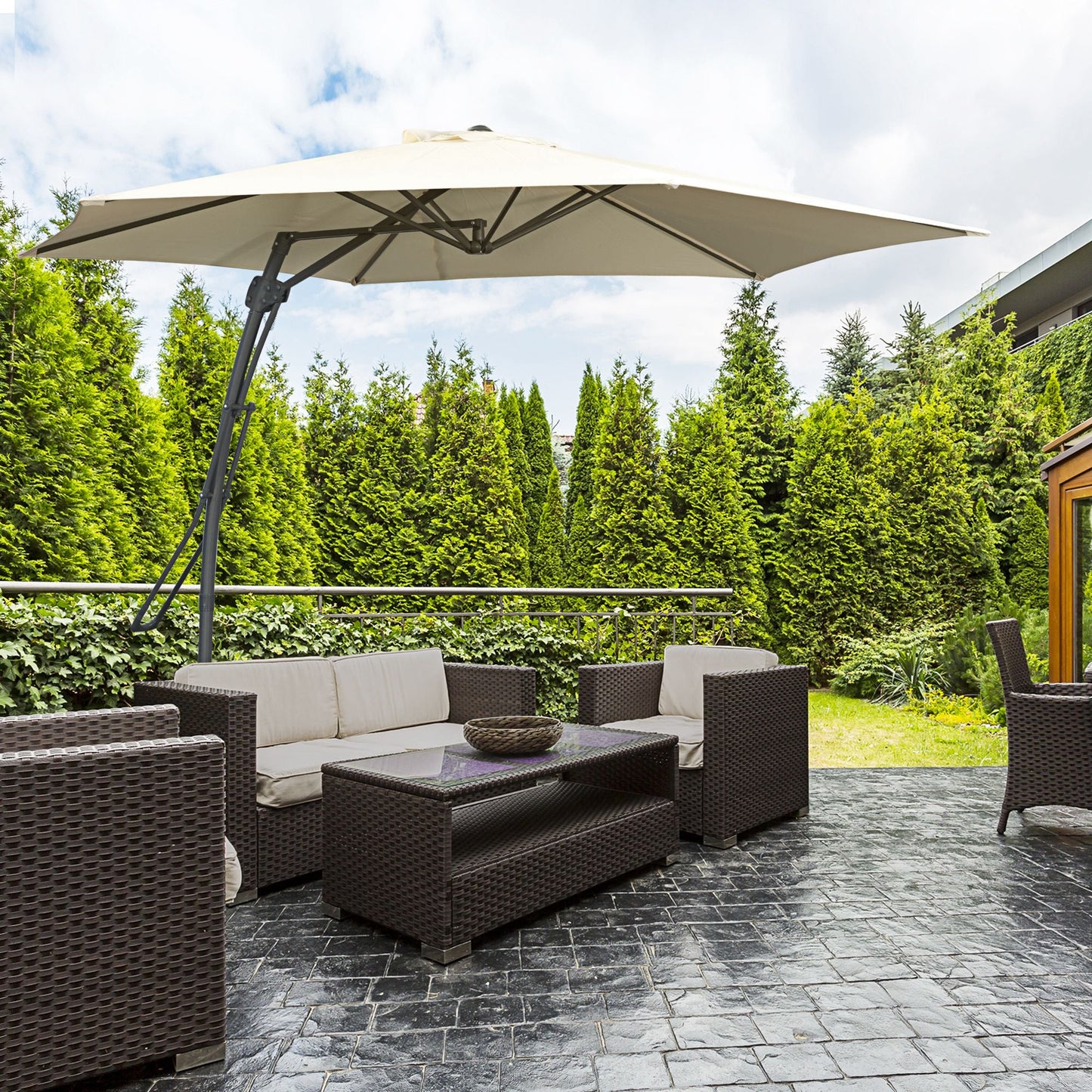 3m Cantilever Parasol with Easy Lever, Patio Umbrella with Crank Handle, Cross Base and 6 Metal Ribs, Outdoor Sun Shades for Garden, White