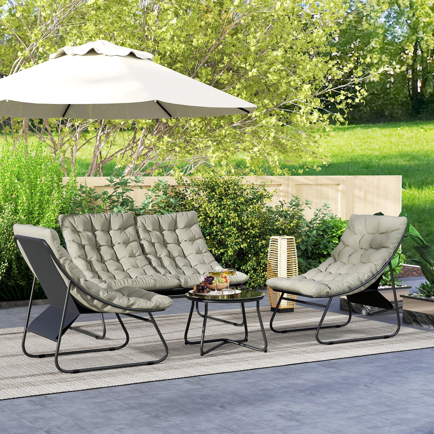 4 Seater Garden Furniture Set, Conversation Set with Loveseat Sofa, Chairs, Glass Coffee Table, Thick Cushions, Steel Outdoor Sofa for Balcony, Poolside, Conservatory, Light Grey