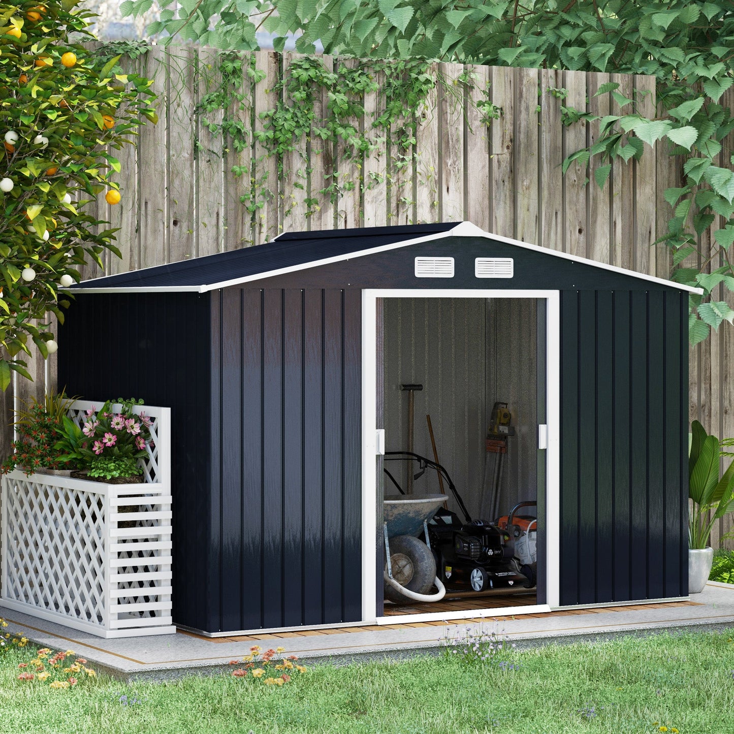 9 x 6ft Metal Garden Shed, Outdoor Storage Tool House with Ventilation Slots, Foundation Kit and Lockable Double Doors, Dark Grey
