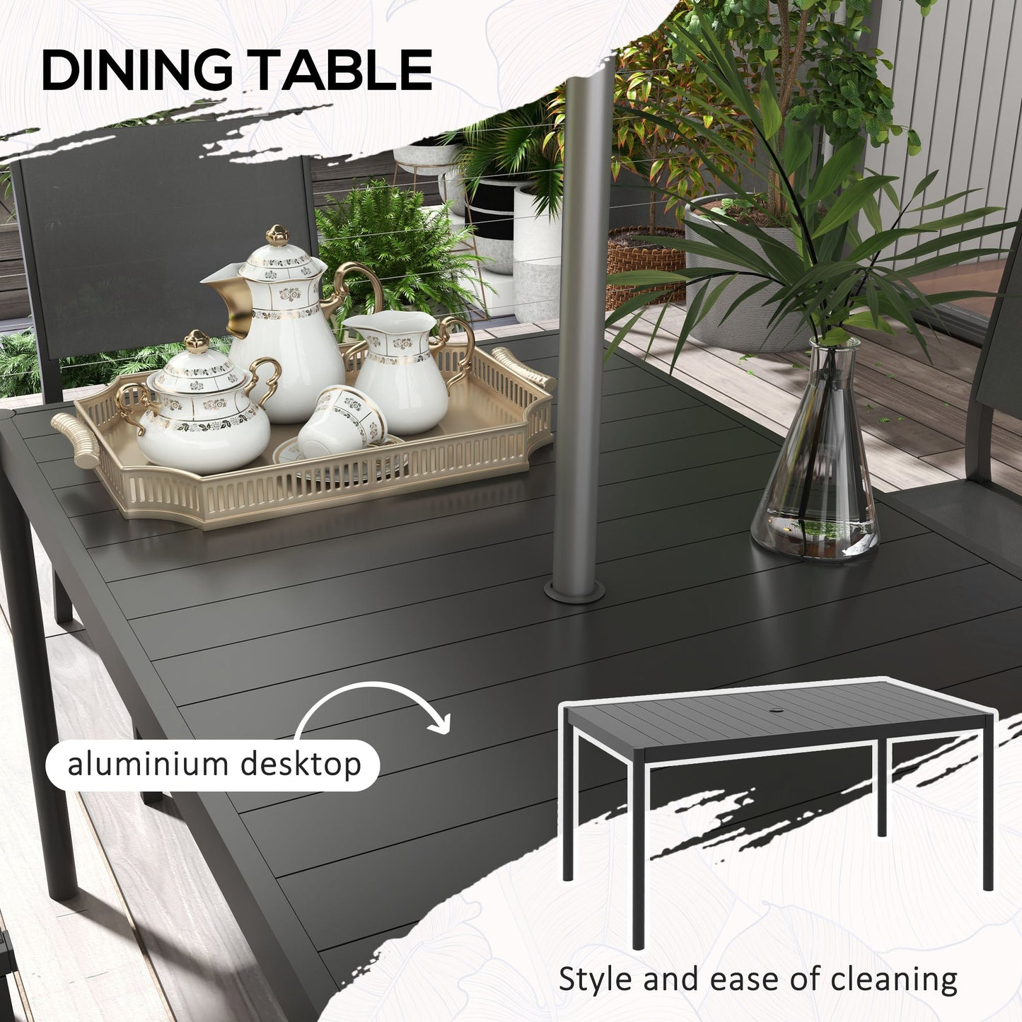 6 Seater Garden Dining Set, Aluminium Top Table with Umbrella Hole, Texteline Chairs, Outdoor Table and Chairs, Dark Grey