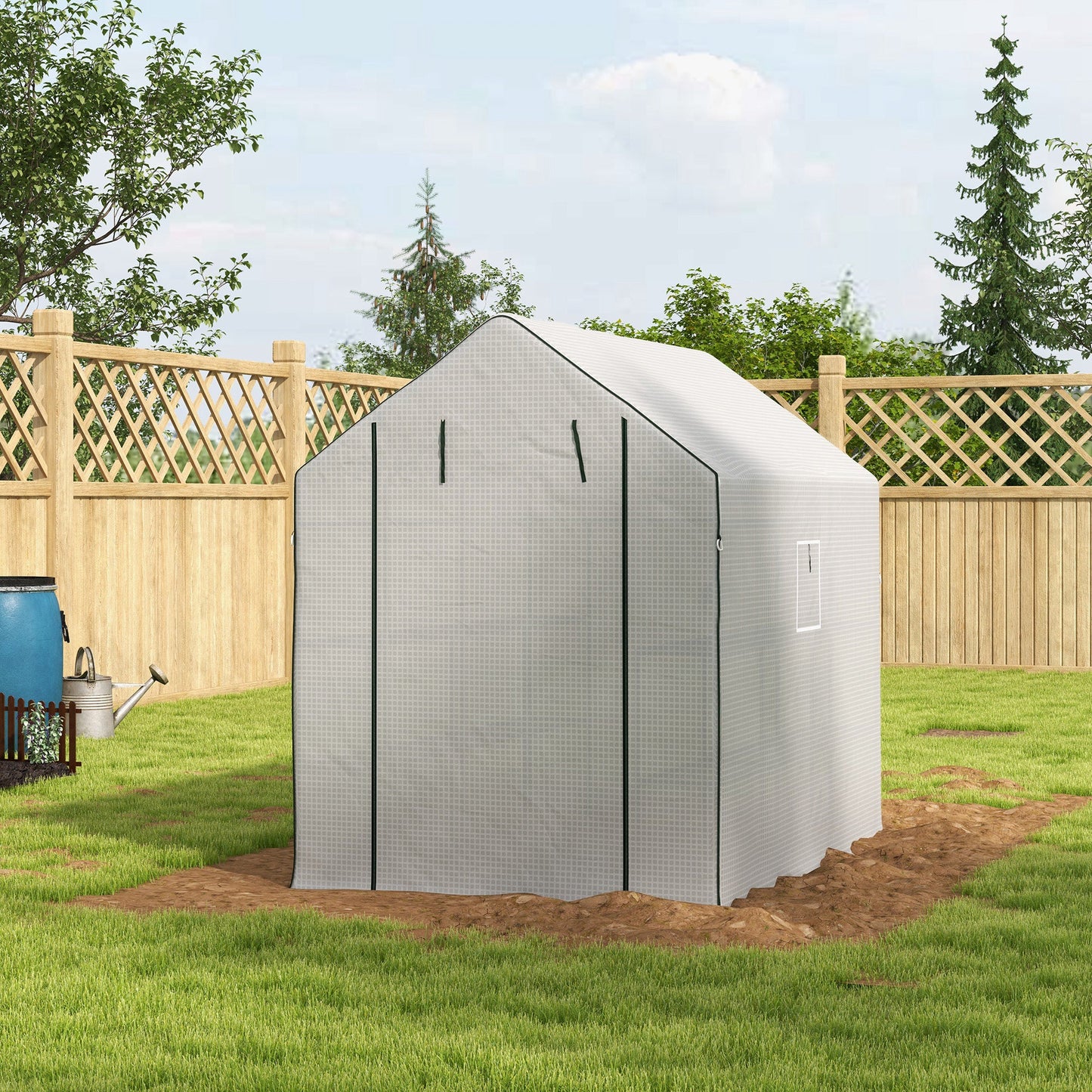 Walk-in Greenhouse with 3 Tier 12 Shelves, Small Greenhouse with Reinforced PE Cover, Garden Plant Growhouse with Roll-up Door and Three Mesh Windows, 140 x 213 x 190 cm, White