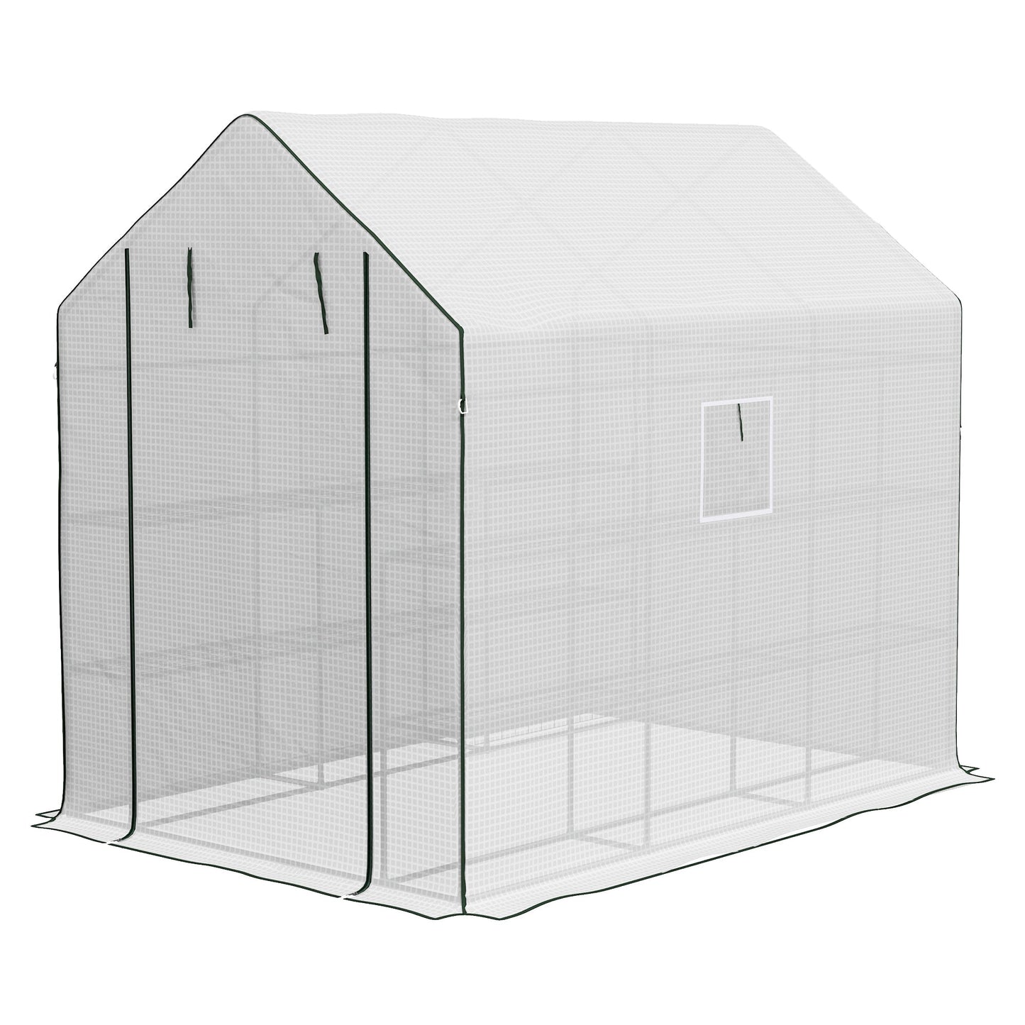 Walk-in Greenhouse with 3 Tier 12 Shelves, Small Greenhouse with Reinforced PE Cover, Garden Plant Growhouse with Roll-up Door and Three Mesh Windows, 140 x 213 x 190 cm, White