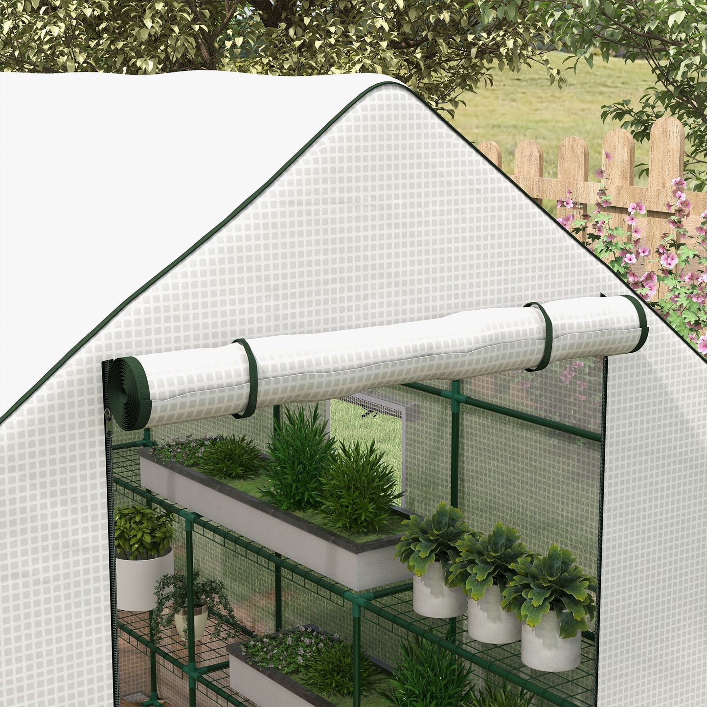 Walk-in Greenhouse with 3 Tier 12 Shelves, Small Greenhouse with Reinforced PE Cover, Garden Plant Growhouse with Roll-up Door and Three Mesh Windows, 140 x 213 x 190 cm, White