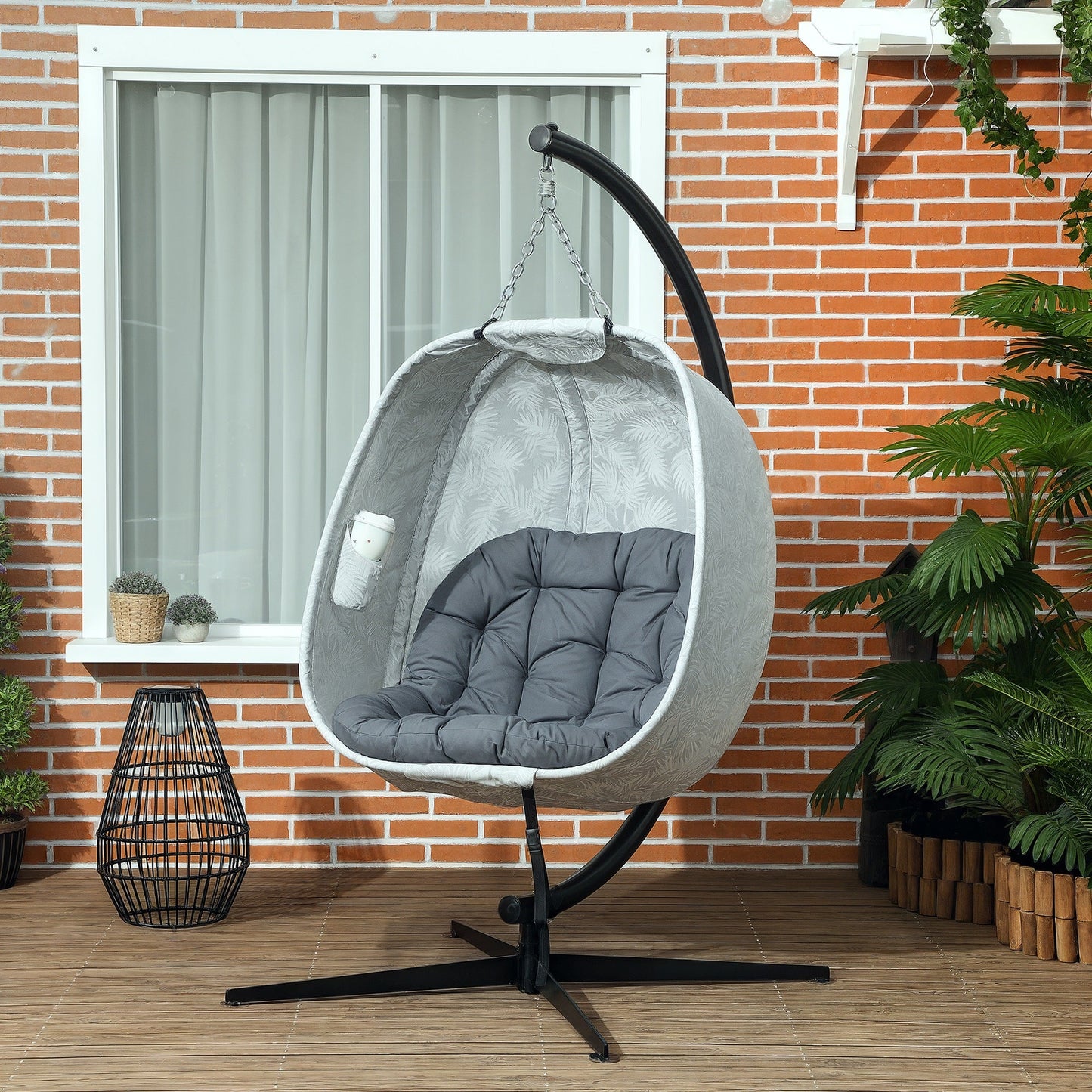 Hanging Egg Chair Outdoor Indoor Garden Swing Chair with Folding Basket, Garden Hanging Chair with Stand, Thickened Cushion, Cup Holder for Patio, Balcony, Grey