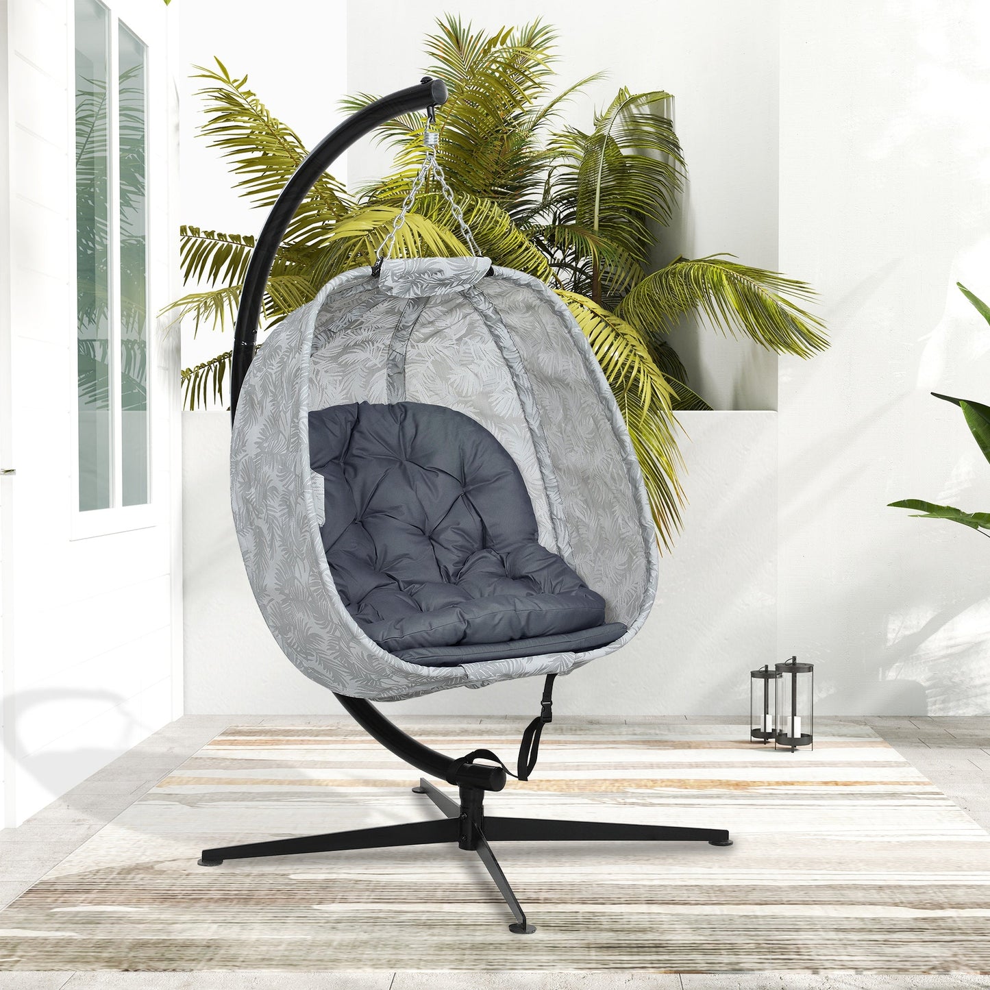 Hanging Egg Chair Outdoor Indoor Garden Swing Chair with Folding Basket, Garden Hanging Chair with Stand, Thickened Cushion, Cup Holder for Patio, Balcony, Grey