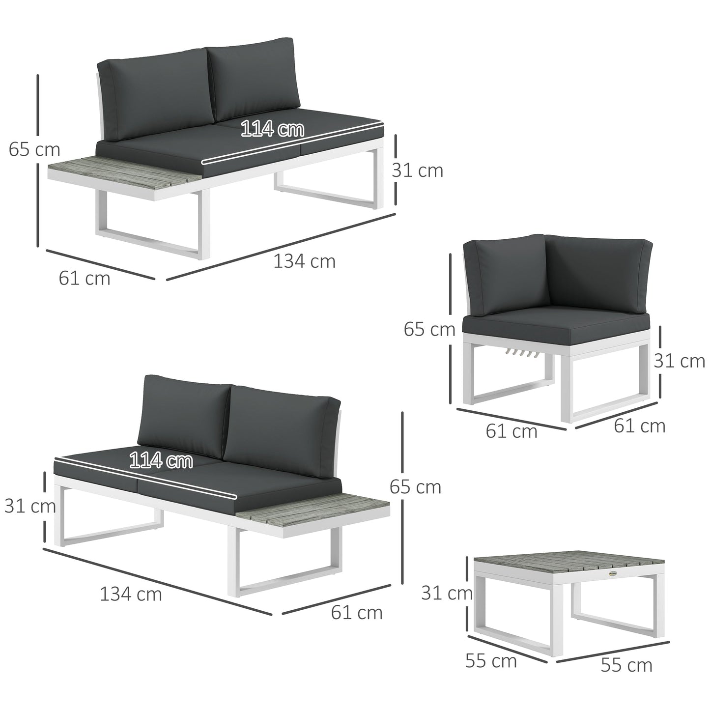 4 Pieces Patio Garden Set with 5-Level Recline Corner Sofa, Outdoor Garden Lounge Sectional Conversation Sofa Set with Cushions, Wood Grain Plastic Table, White Frame Grey Cushion
