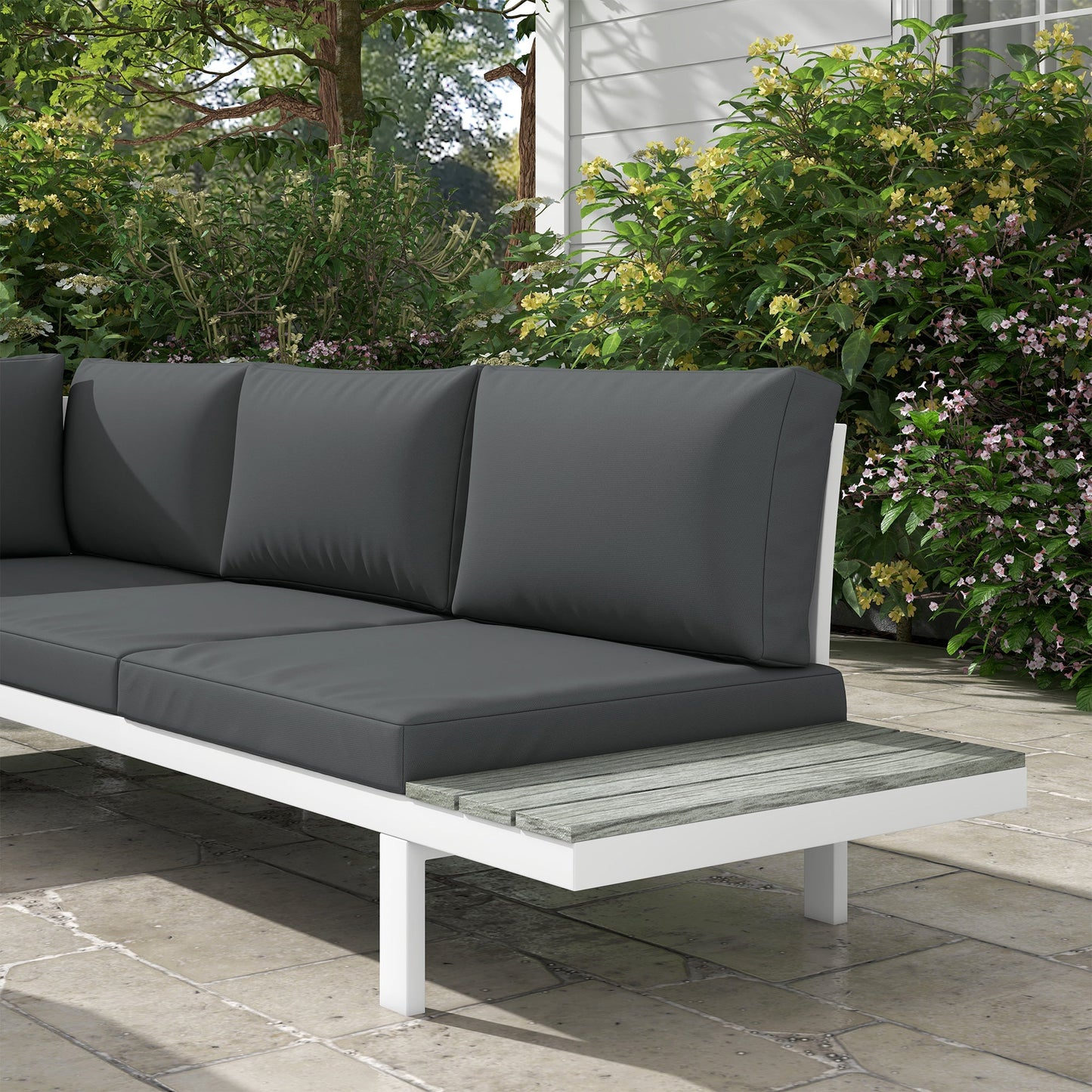 4 Pieces Patio Garden Set with 5-Level Recline Corner Sofa, Outdoor Garden Lounge Sectional Conversation Sofa Set with Cushions, Wood Grain Plastic Table, White Frame Grey Cushion