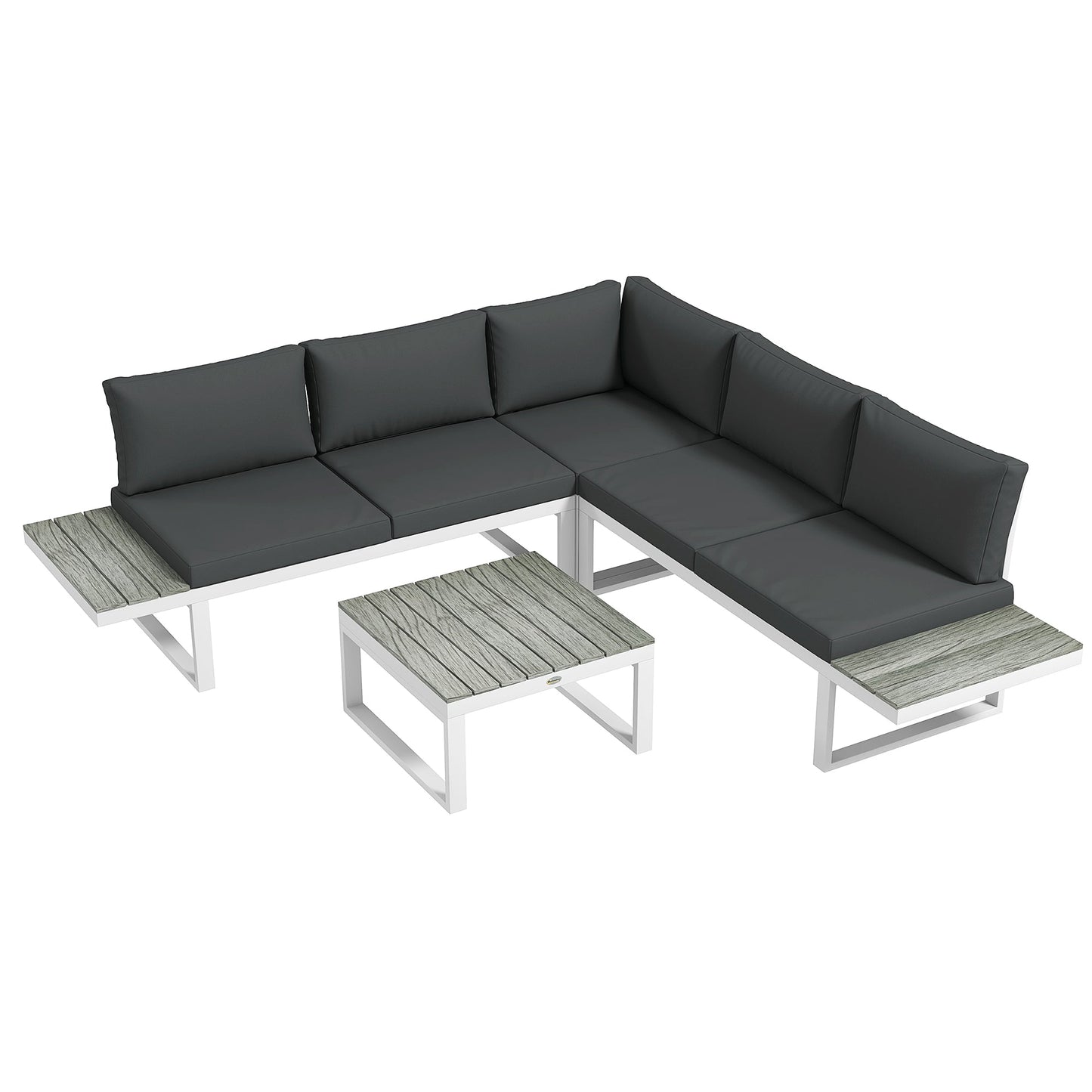 4 Pieces Patio Garden Set with 5-Level Recline Corner Sofa, Outdoor Garden Lounge Sectional Conversation Sofa Set with Cushions, Wood Grain Plastic Table, White Frame Grey Cushion