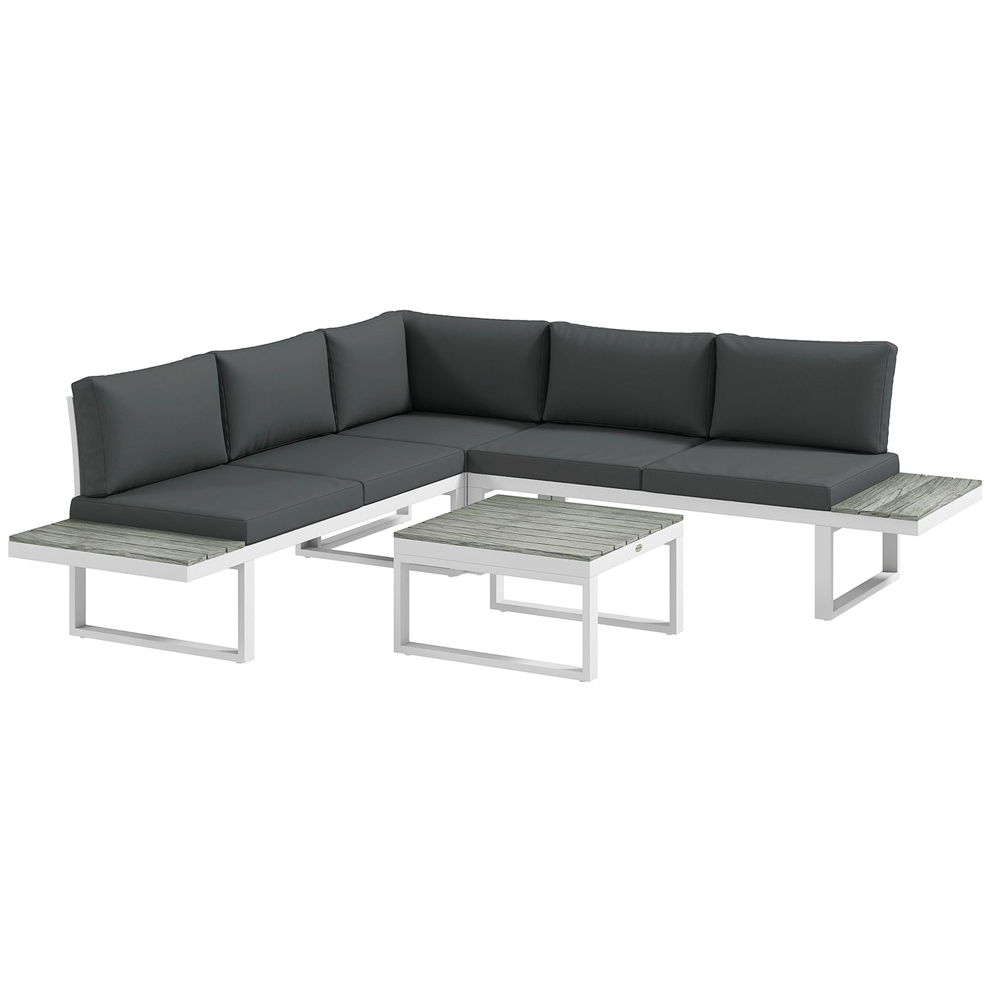 4 Pieces Patio Garden Set with 5-Level Recline Corner Sofa, Outdoor Garden Lounge Sectional Conversation Sofa Set with Cushions, Wood Grain Plastic Table, White Frame Grey Cushion