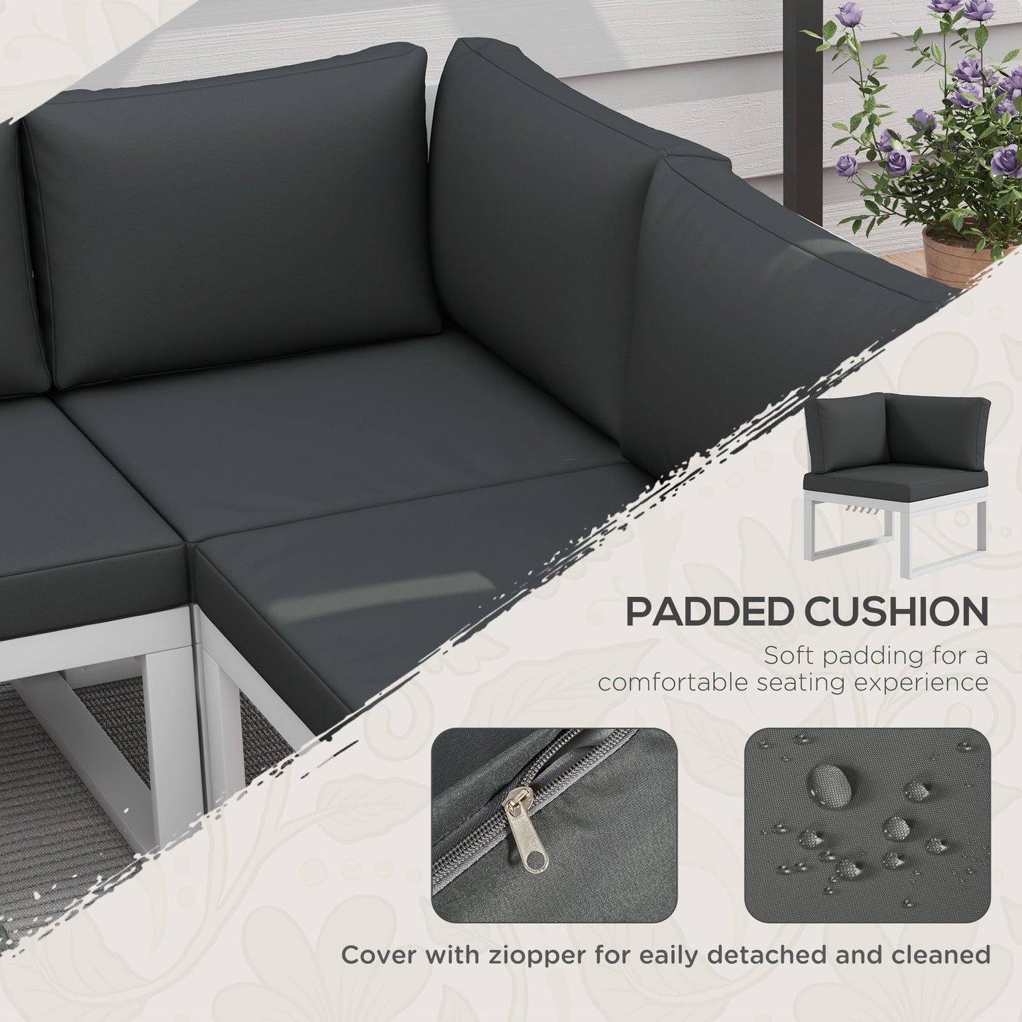 4 Pieces Patio Garden Set with 5-Level Recline Corner Sofa, Outdoor Garden Lounge Sectional Conversation Sofa Set with Cushions, Wood Grain Plastic Table, White Frame Grey Cushion