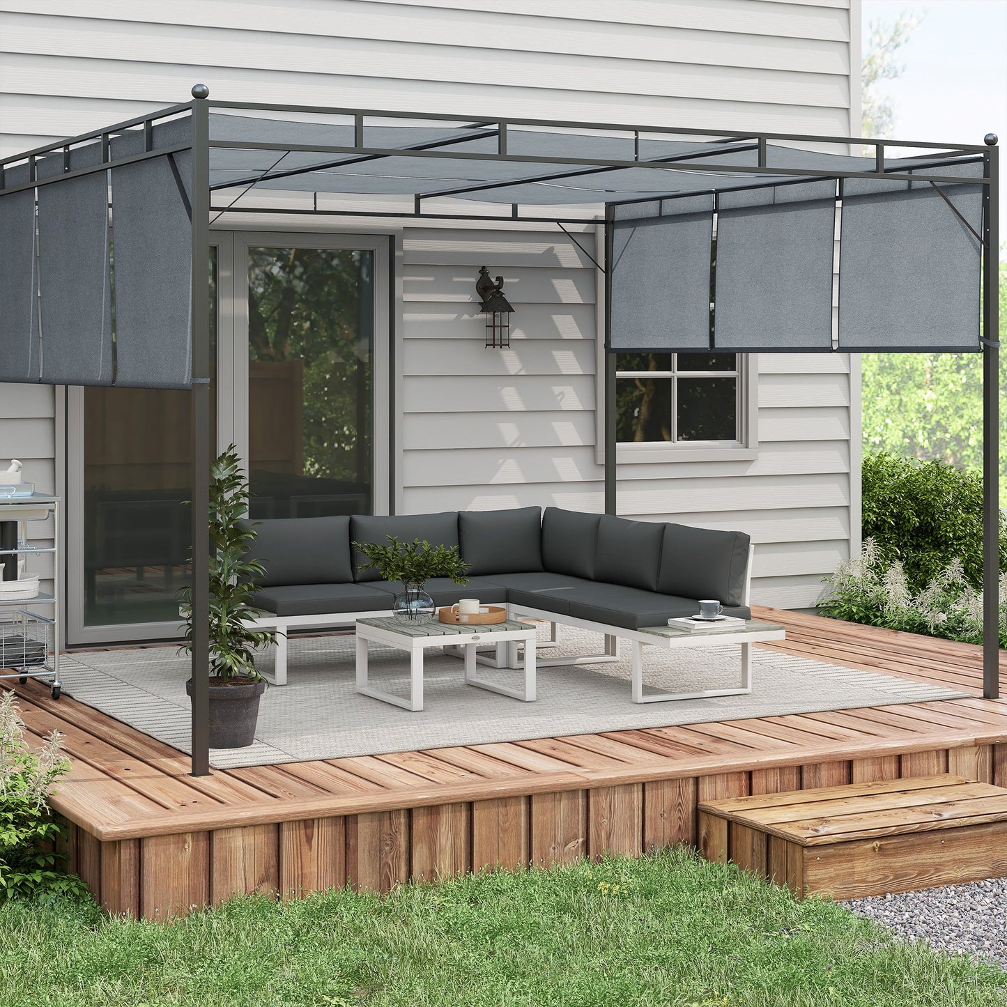 4 Pieces Patio Garden Set with 5-Level Recline Corner Sofa, Outdoor Garden Lounge Sectional Conversation Sofa Set with Cushions, Wood Grain Plastic Table, White Frame Grey Cushion