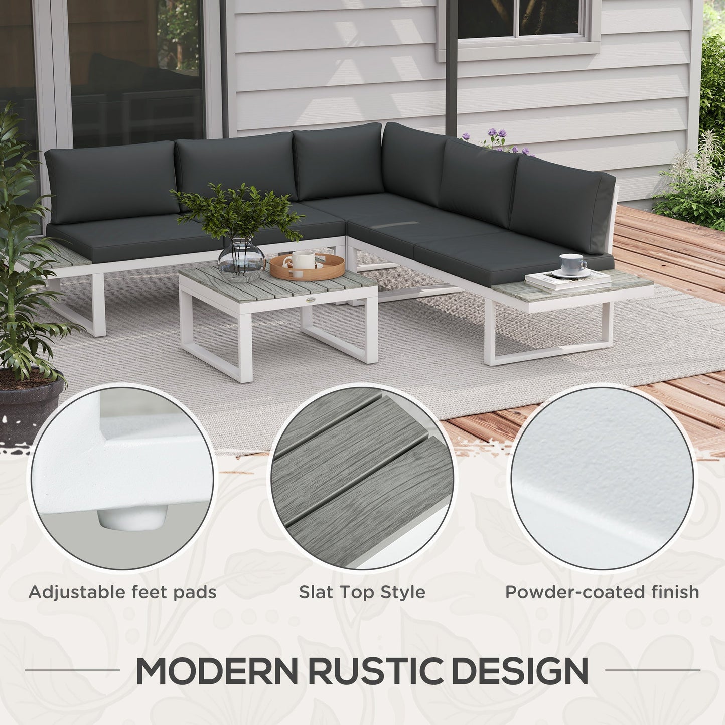 4 Pieces Patio Garden Set with 5-Level Recline Corner Sofa, Outdoor Garden Lounge Sectional Conversation Sofa Set with Cushions, Wood Grain Plastic Table, White Frame Grey Cushion