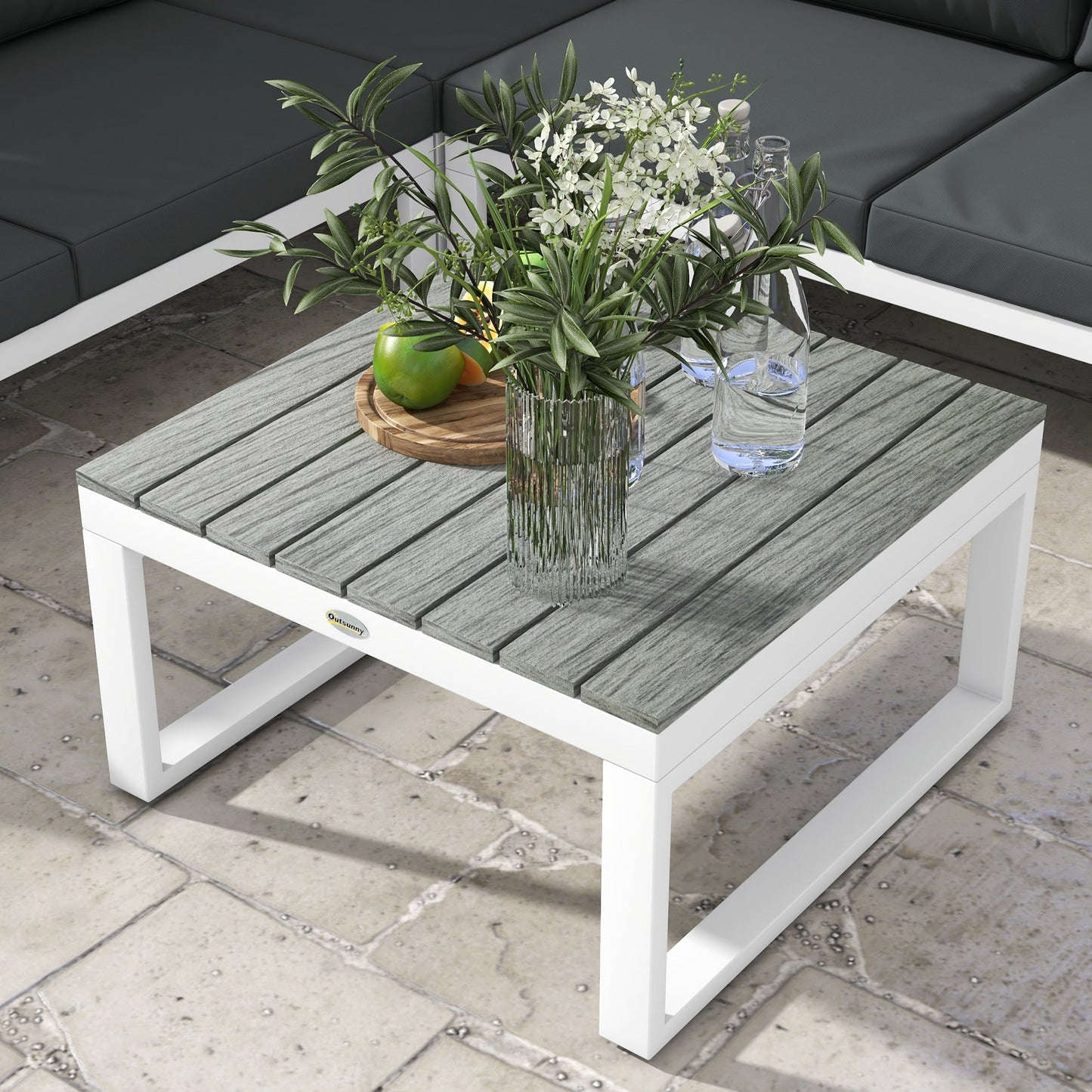 4 Pieces Patio Garden Set with 5-Level Recline Corner Sofa, Outdoor Garden Lounge Sectional Conversation Sofa Set with Cushions, Wood Grain Plastic Table, White Frame Grey Cushion