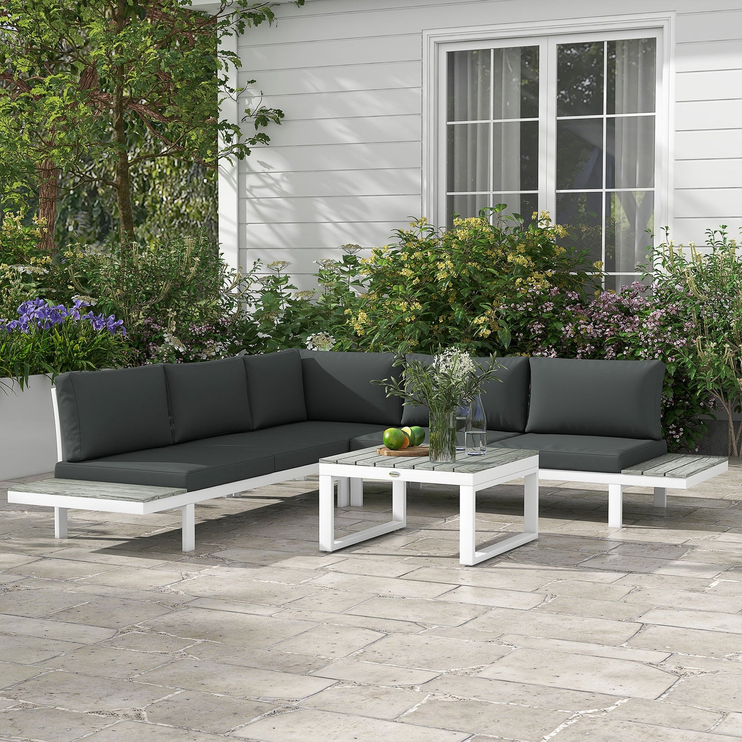 4 Pieces Patio Garden Set with 5-Level Recline Corner Sofa, Outdoor Garden Lounge Sectional Conversation Sofa Set with Cushions, Wood Grain Plastic Table, White Frame Grey Cushion