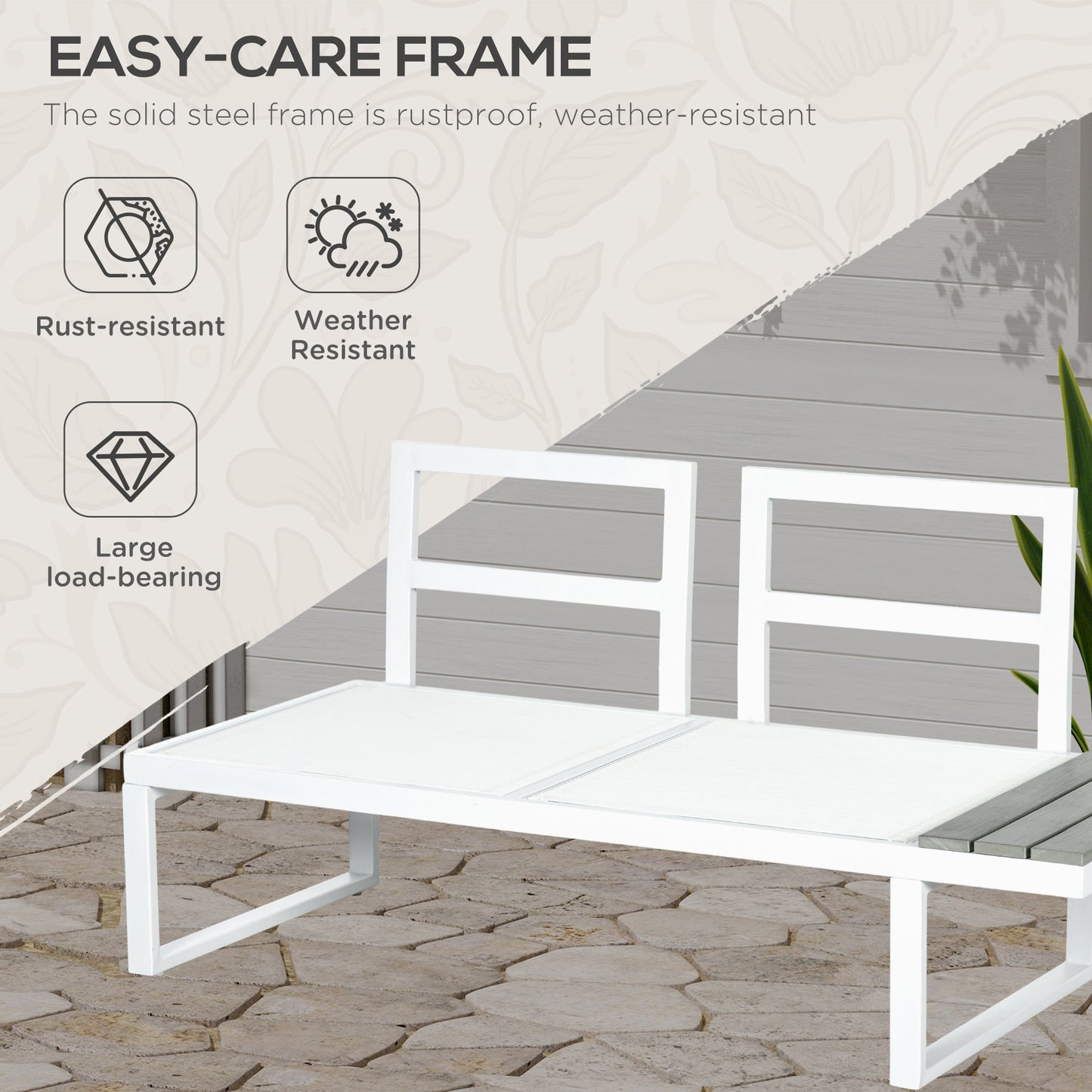 4 Pieces Patio Garden Set with 5-Level Recline Corner Sofa, Outdoor Garden Lounge Sectional Conversation Sofa Set with Cushions, Wood Grain Plastic Table, White Frame Grey Cushion