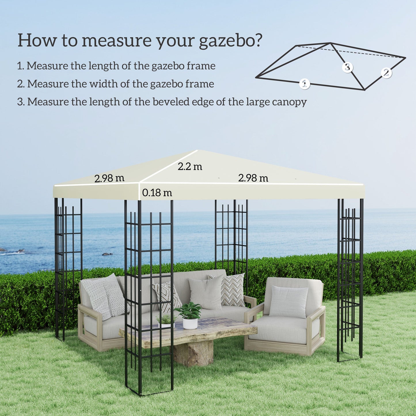 3 x 3(m) Gazebo Canopy Replacement Cover, Garden Gazebo Roof Replacement with Drain Holes, Water Resistant PVC Coating, 370g/㎡, UPF30+, TOP COVER ONLY, Cream White