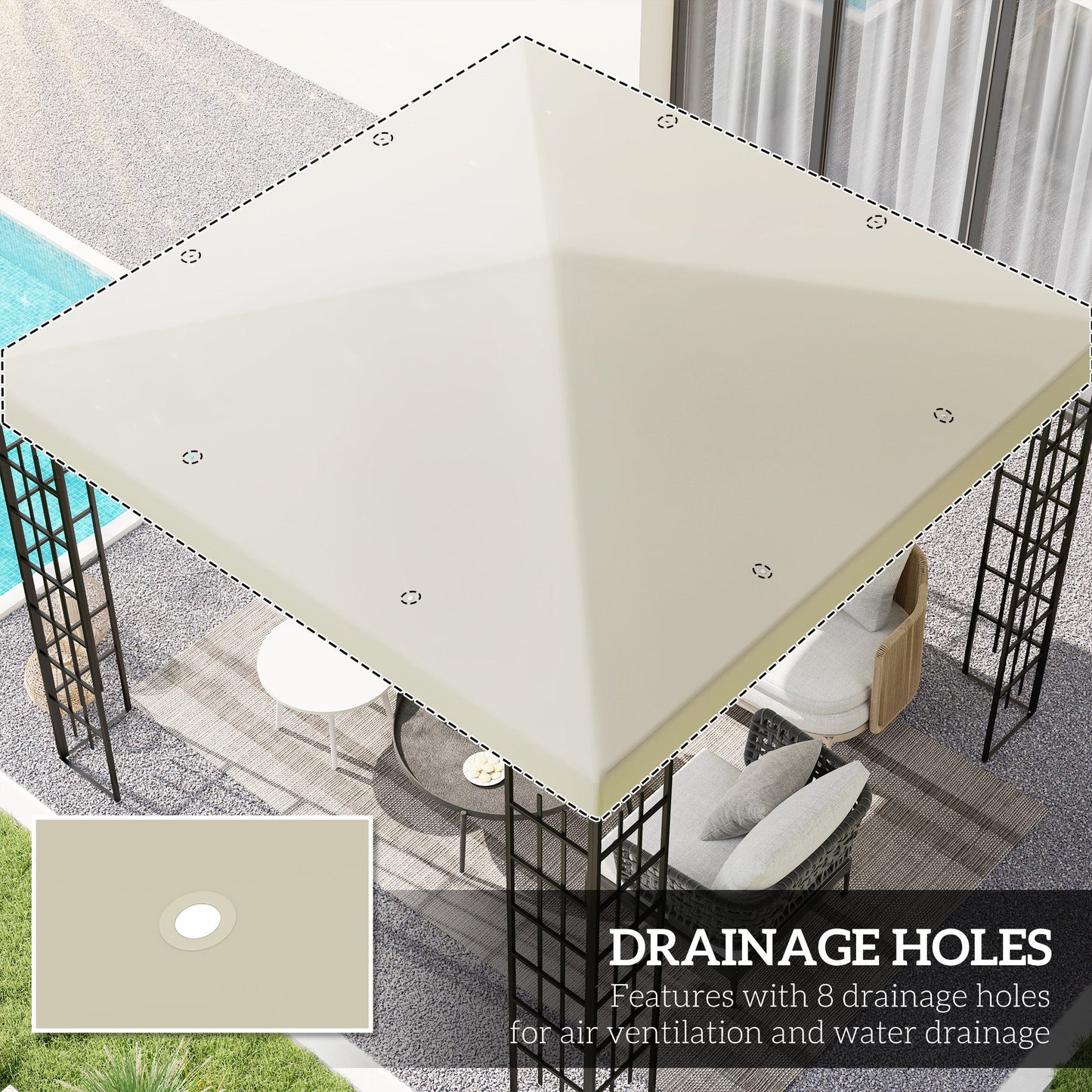 3 x 3(m) Gazebo Canopy Replacement Cover, Garden Gazebo Roof Replacement with Drain Holes, Water Resistant PVC Coating, 370g/㎡, UPF30+, TOP COVER ONLY, Cream White