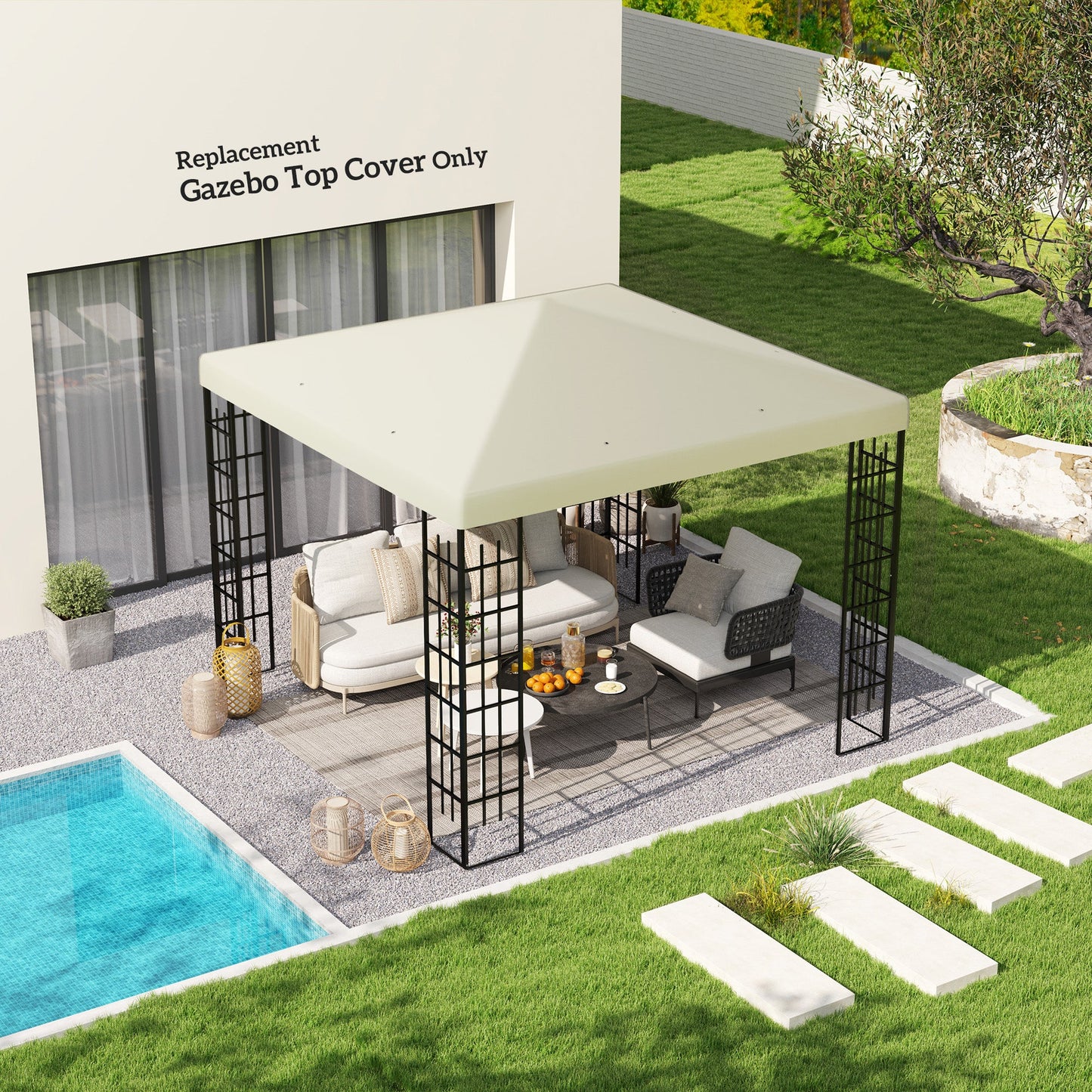 3 x 3(m) Gazebo Canopy Replacement Cover, Garden Gazebo Roof Replacement with Drain Holes, Water Resistant PVC Coating, 370g/㎡, UPF30+, TOP COVER ONLY, Cream White