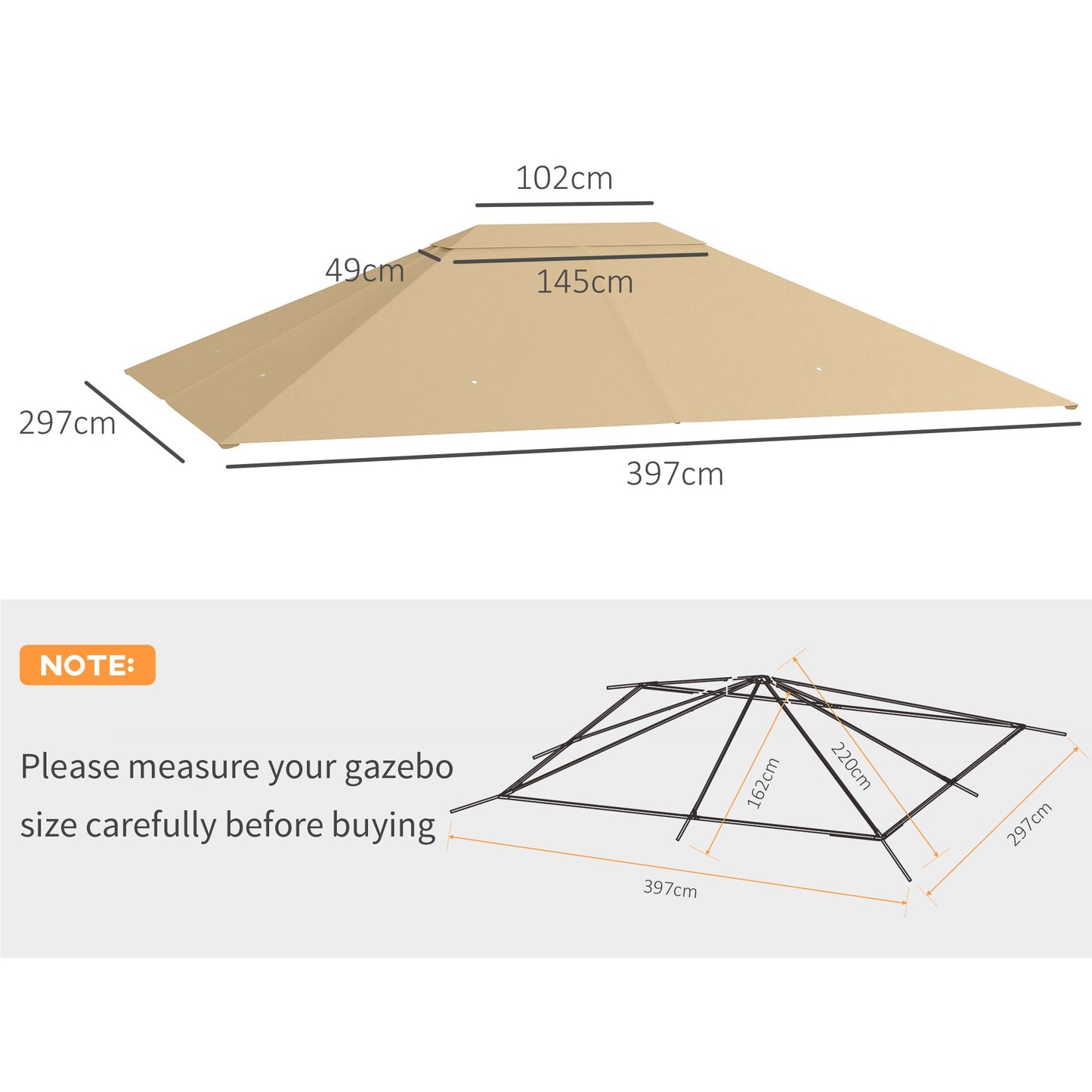 3 x 4m Gazebo Canopy Replacement Covers, Garden Gazebo Roof Replacement with Vents and Drain Holes, TOP COVER ONLY, Khaki