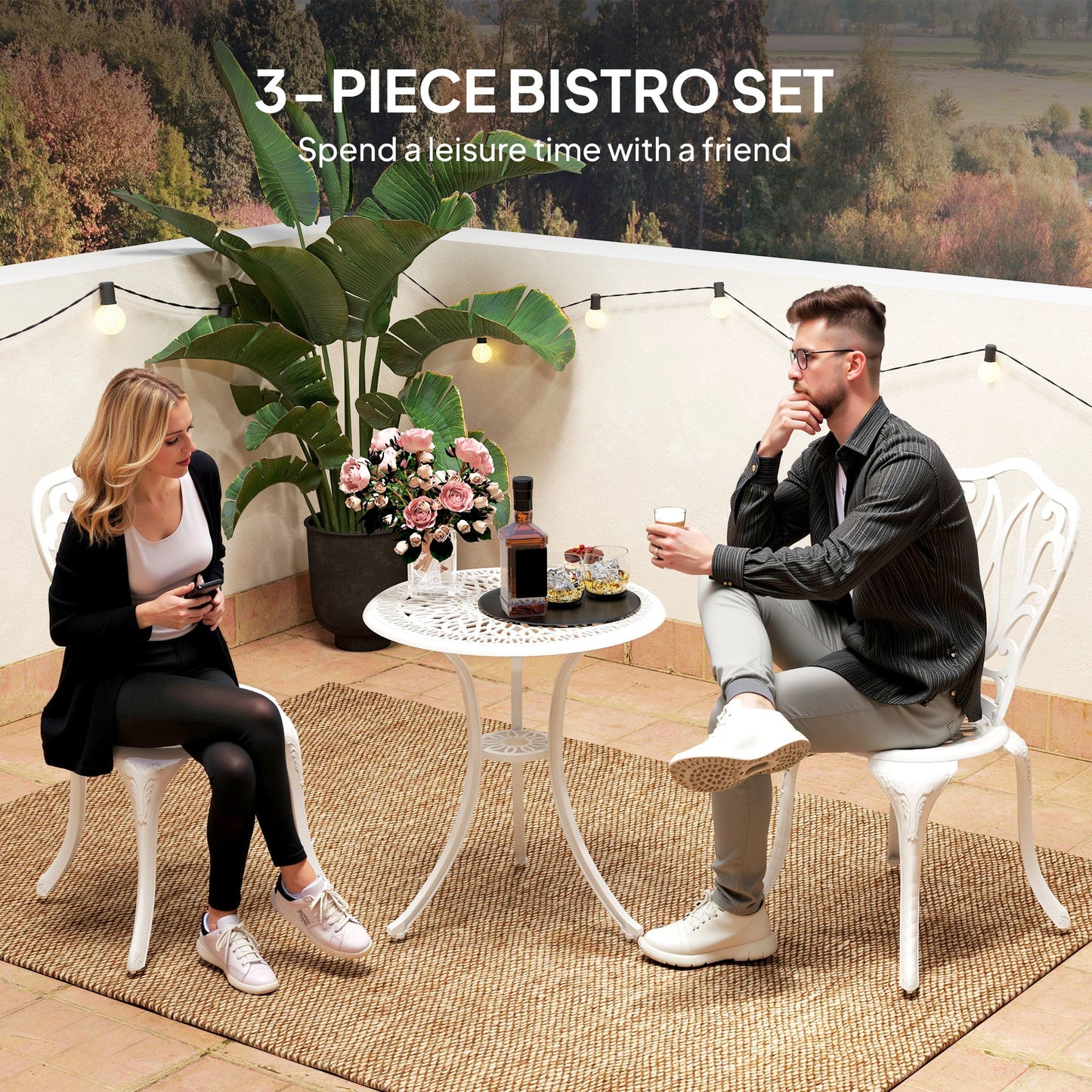 3 Piece Garden Bistro Set, Cast Aluminium Outdoor Furniture Set with Umbrella Hole for Balcony, Porch, Patio, White