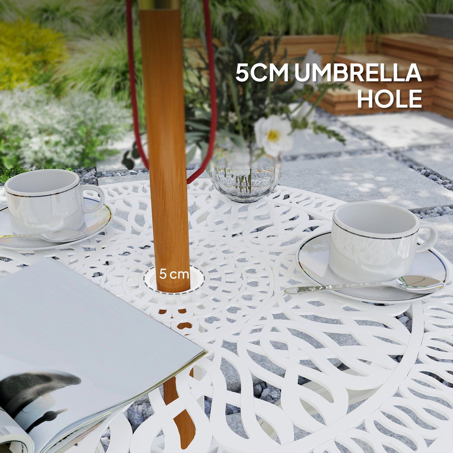 3 Piece Garden Bistro Set, Cast Aluminium Outdoor Furniture Set with Umbrella Hole for Balcony, Porch, Patio, White