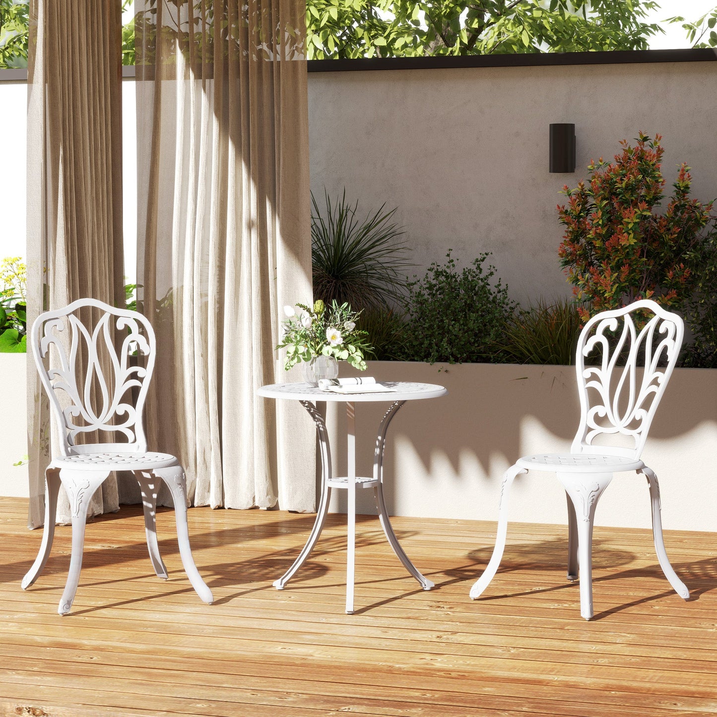3 Piece Garden Bistro Set, Cast Aluminium Outdoor Furniture Set with Umbrella Hole for Balcony, Porch, Patio, White