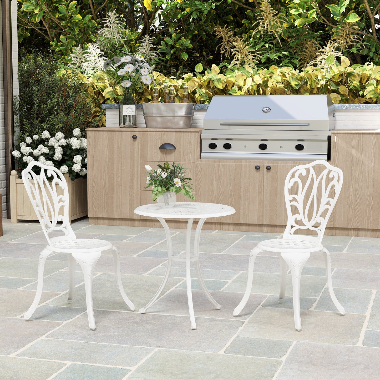 3 Piece Garden Bistro Set, Cast Aluminium Outdoor Furniture Set with Umbrella Hole for Balcony, Porch, Patio, White
