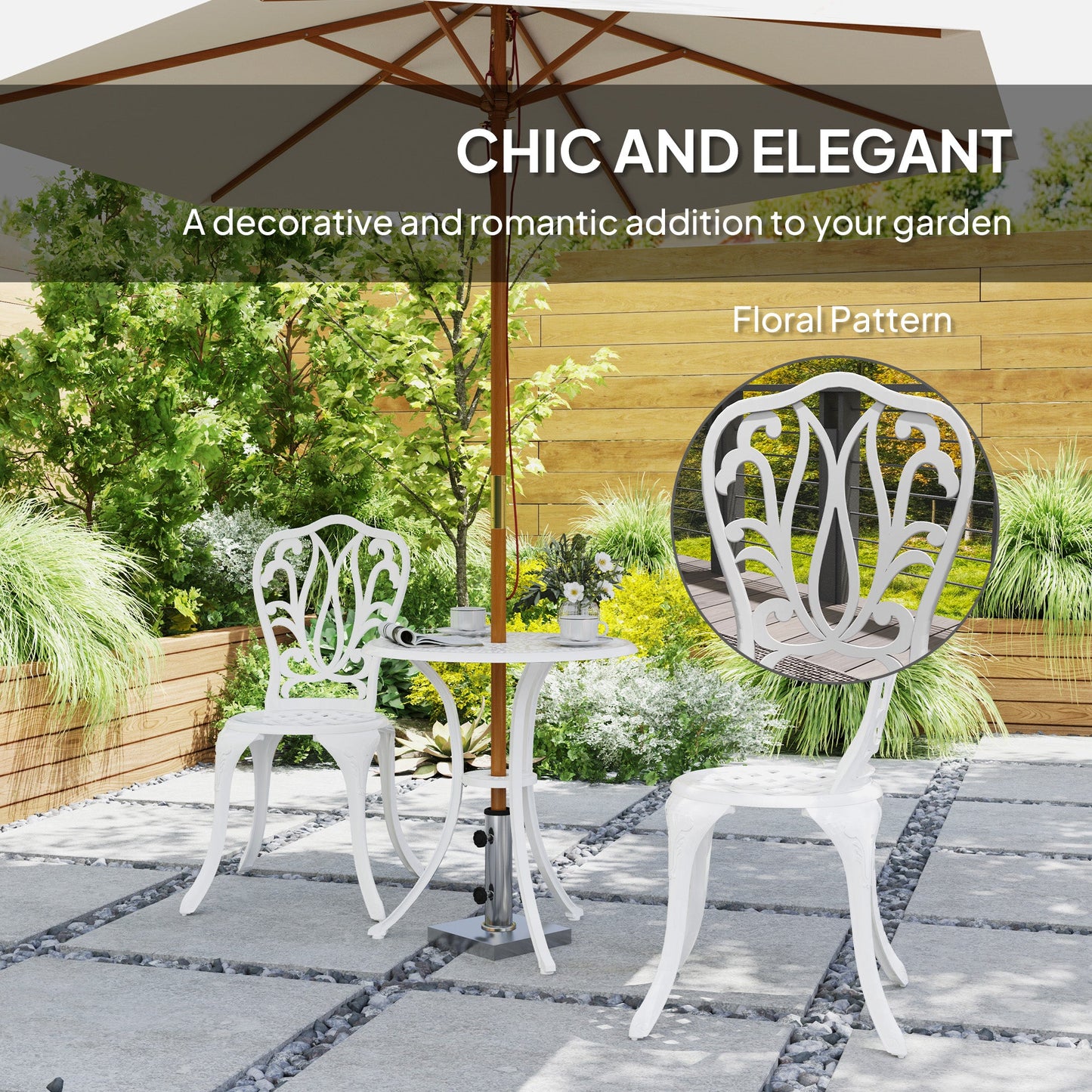 3 Piece Garden Bistro Set, Cast Aluminium Outdoor Furniture Set with Umbrella Hole for Balcony, Porch, Patio, White