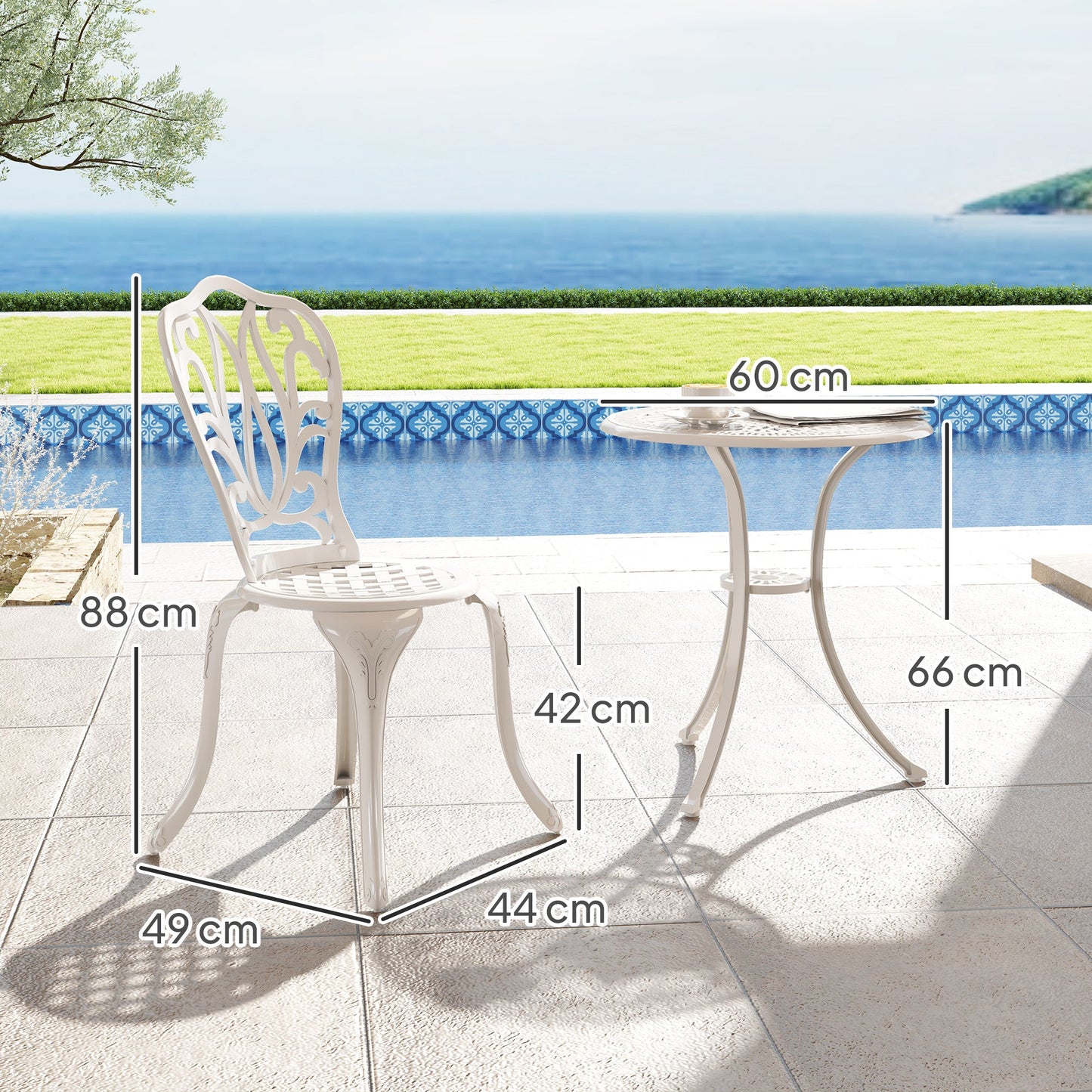 3 Piece Garden Bistro Set, Cast Aluminium Outdoor Furniture Set with Umbrella Hole for Balcony, Porch, Patio, White