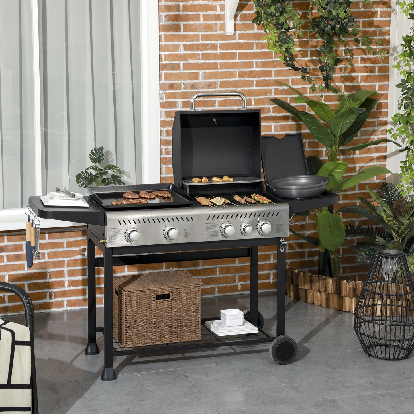2-in-1 Gas BBQ and Plancha Grill, 15 kW 4+1 Burner Propane Gas Barbecue with Wheels, Warming Rack, Shelves, Thermometer, Bottle Opener for Garden Party Festival, Black