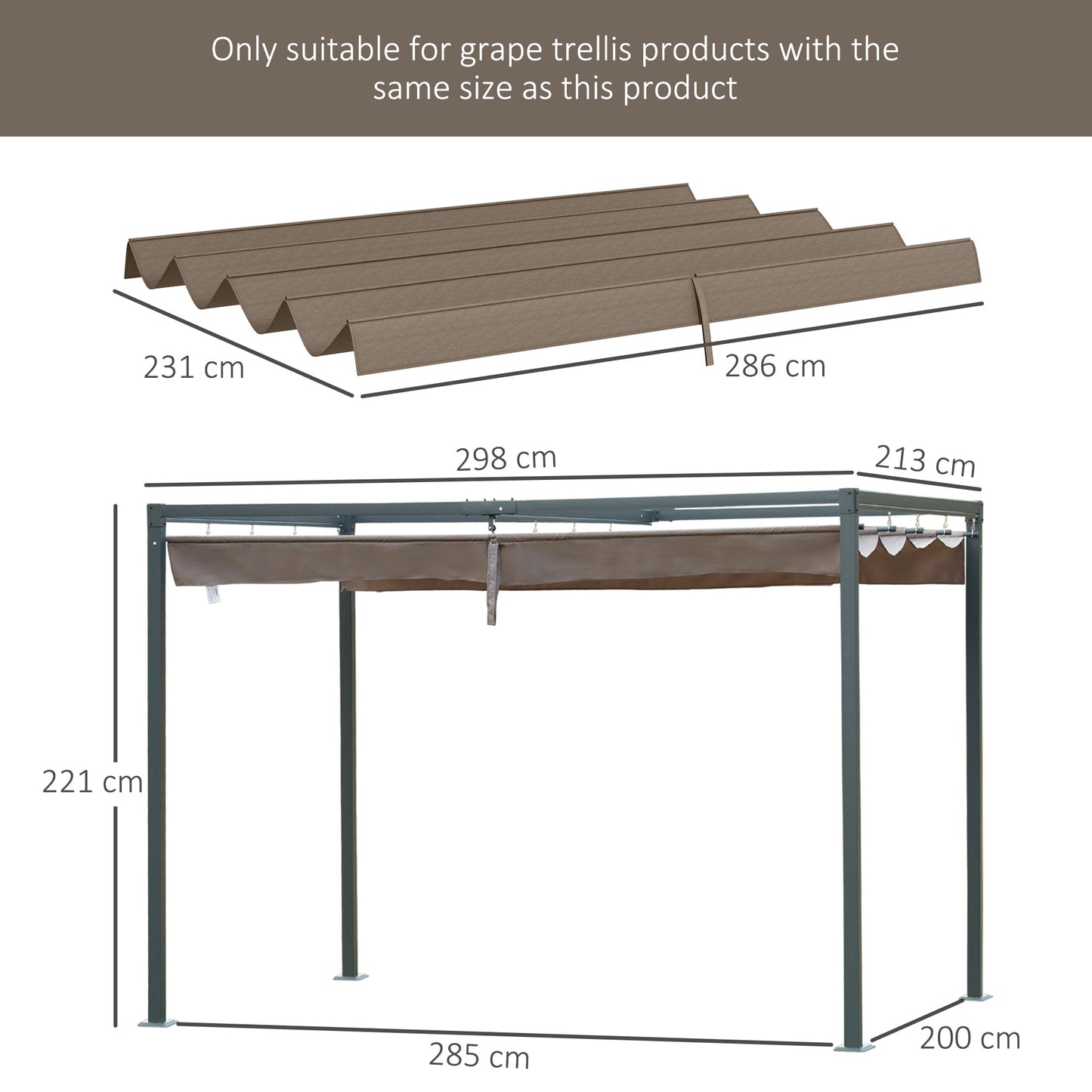 Retractable Pergola Roof, Sun Shade Cover, UV30+ Protected Replacement Canopy Fabric for 2.85 x 2m Pergola Frame, Coffee