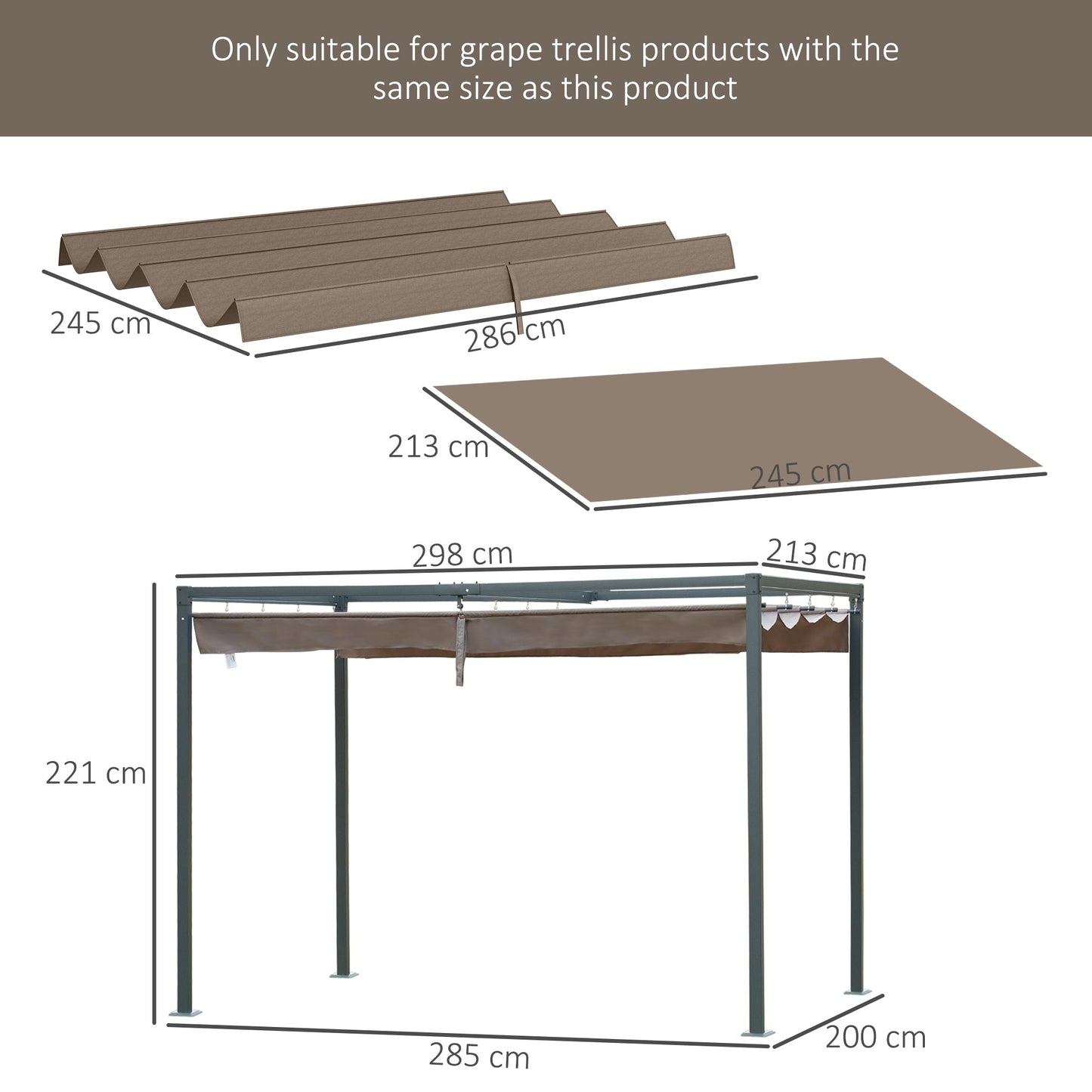 Retractable Pergola Roof, Sun Shade Cover, UV30+ Protected Replacement Canopy Fabric for 3 x 2m Pergola Frame, Coffee