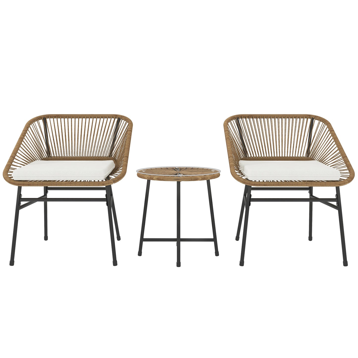3 Pieces Rattan Bistro Set, Wicker Small Garden Table and Chairs Set with Cushions and Glass Top Coffee Table, Bistro Garden Furniture Set for Outdoor, Patio, Balcony, Natural