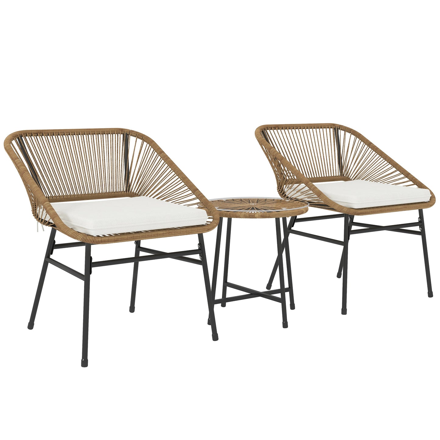 3 Pieces Rattan Bistro Set, Wicker Small Garden Table and Chairs Set with Cushions and Glass Top Coffee Table, Bistro Garden Furniture Set for Outdoor, Patio, Balcony, Natural