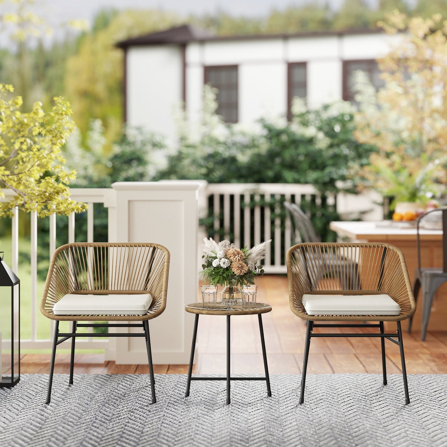 3 Pieces Rattan Bistro Set, Wicker Small Garden Table and Chairs Set with Cushions and Glass Top Coffee Table, Bistro Garden Furniture Set for Outdoor, Patio, Balcony, Natural