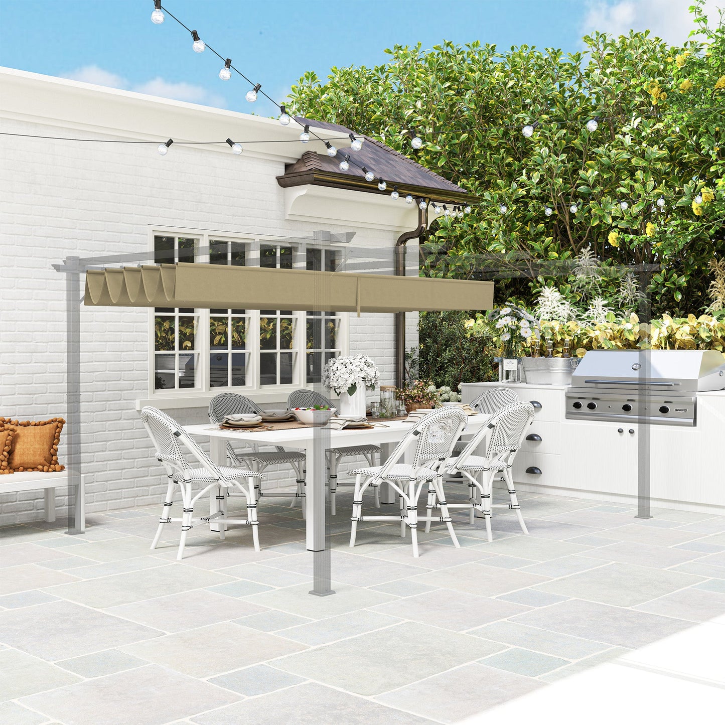 Retractable Pergola Shade Cover, Replacement Canopy Fabric for 4 x 3 (m) Pergola, Gazebo Retractable Roof, Tan