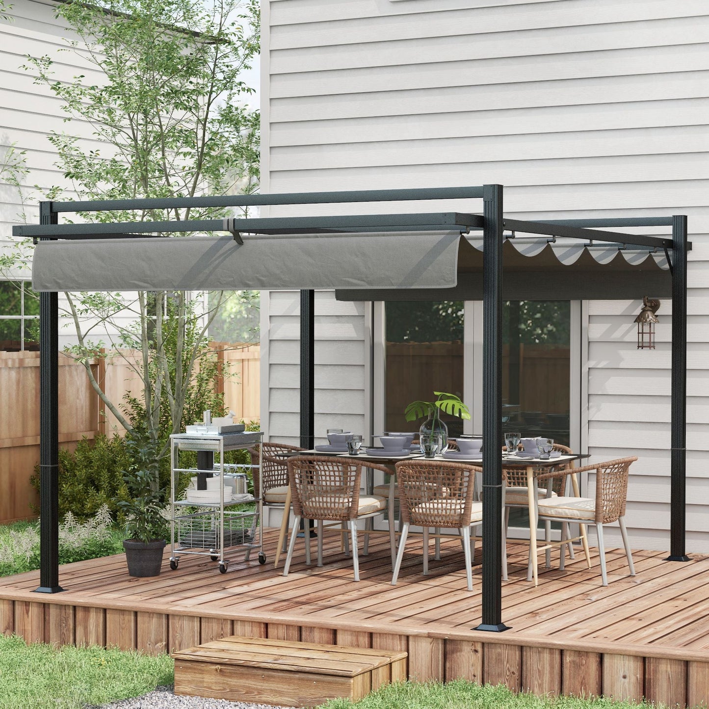 3 x 4m Pergola with Retractable Roof Canopy, Aluminium Frame Garden Gazebo Outdoor Sun Shade Shelter for Grill, Patio, Deck, Dark Grey
