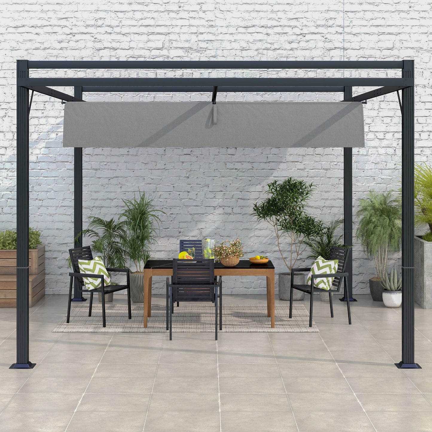 3 x 4m Pergola with Retractable Roof Canopy, Aluminium Frame Garden Gazebo Outdoor Sun Shade Shelter for Grill, Patio, Deck, Dark Grey
