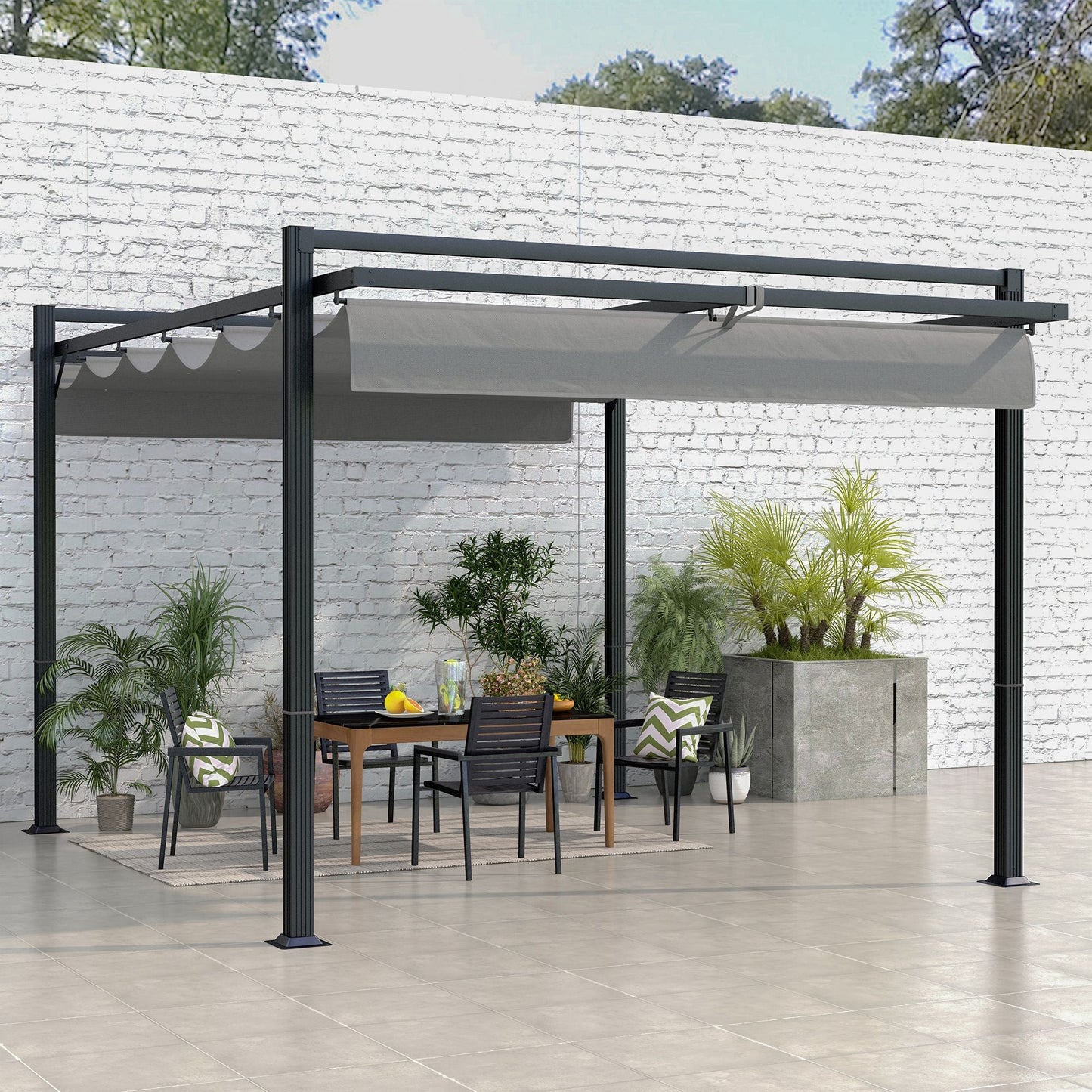 3 x 4m Pergola with Retractable Roof Canopy, Aluminium Frame Garden Gazebo Outdoor Sun Shade Shelter for Grill, Patio, Deck, Dark Grey