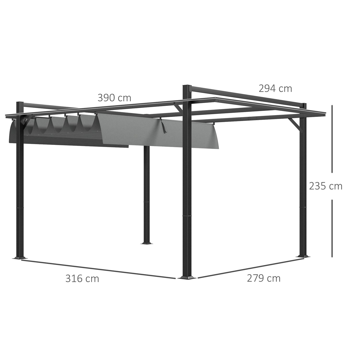 3 x 4m Pergola with Retractable Roof Canopy, Aluminium Frame Garden Gazebo Outdoor Sun Shade Shelter for Grill, Patio, Deck, Dark Grey