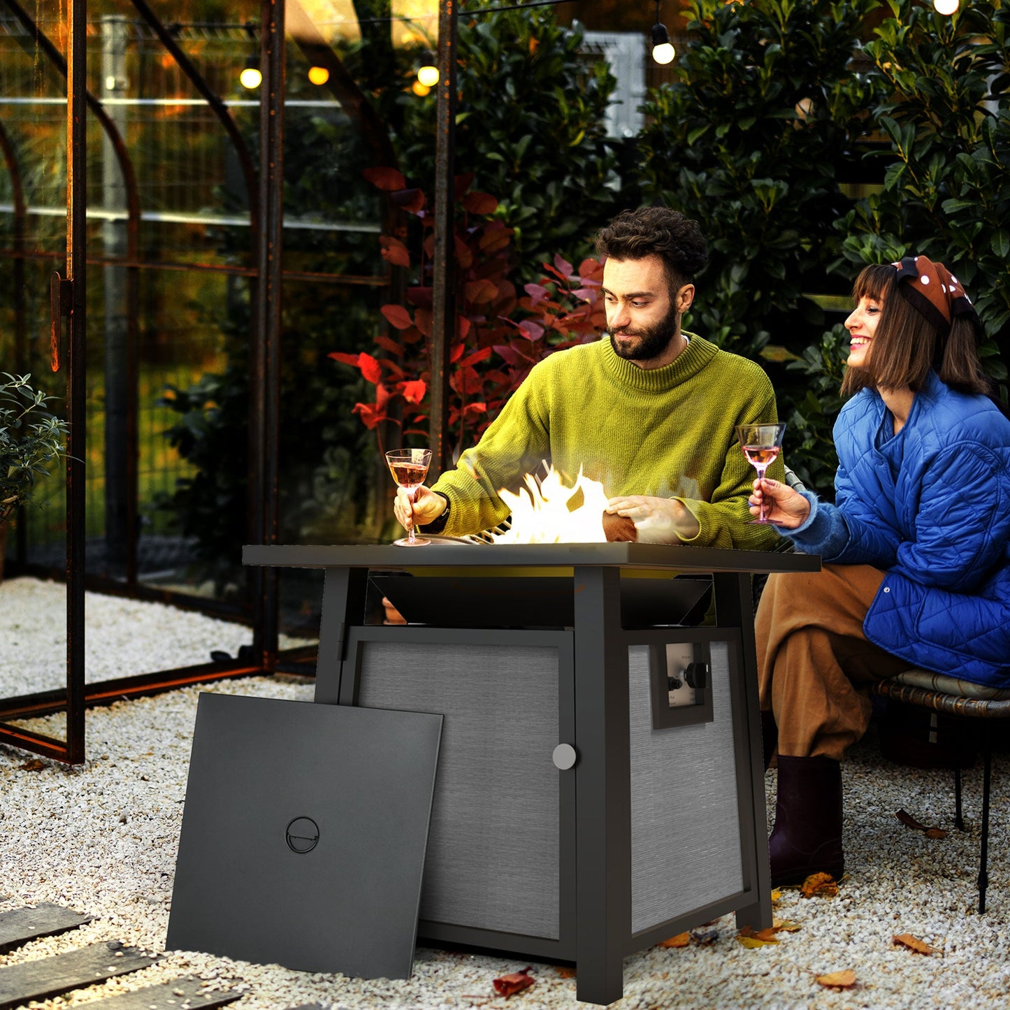 Propane Gas Fire Pit Table, 50000 BTU Smokeless Firepit Outdoor Patio Heater with Waterproof Cover, Glass Beads and Lid, 71 x 71 x 66.5cm, Dark Grey