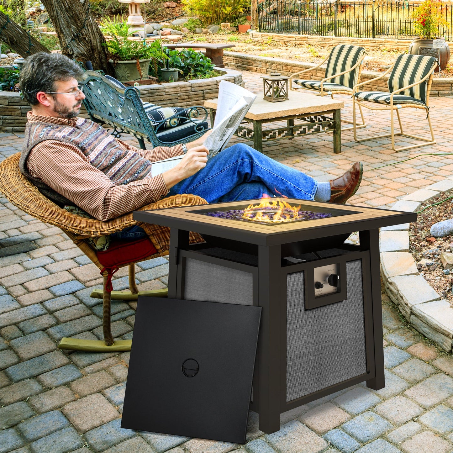 Propane Gas Fire Pit Table, 50000 BTU Smokeless Firepit Outdoor Patio Heater with Waterproof Cover, Glass Beads and Lid, 71 x 71 x 66.5cm, Dark Grey