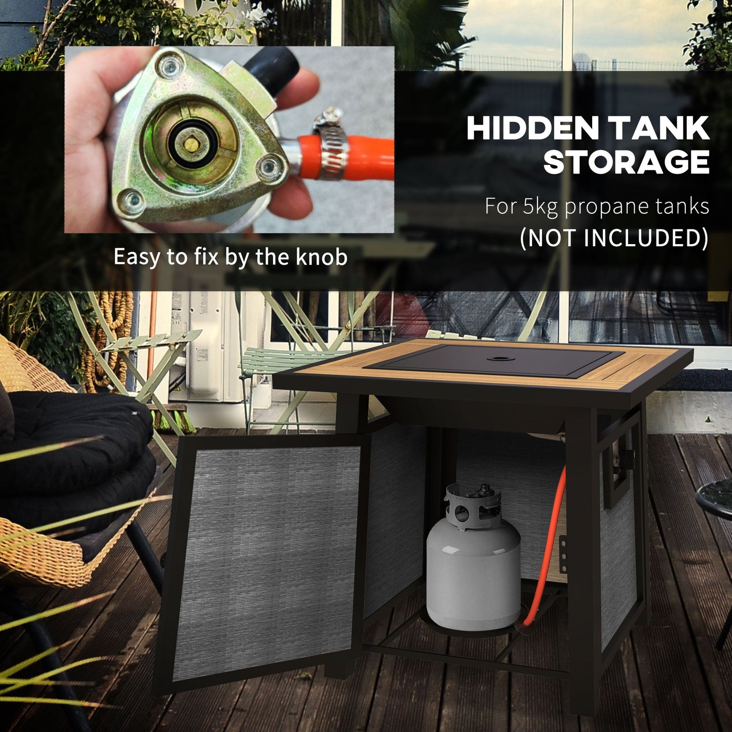 Propane Gas Fire Pit Table, 50000 BTU Smokeless Firepit Outdoor Patio Heater with Waterproof Cover, Glass Beads and Lid, 71 x 71 x 66.5cm, Dark Grey