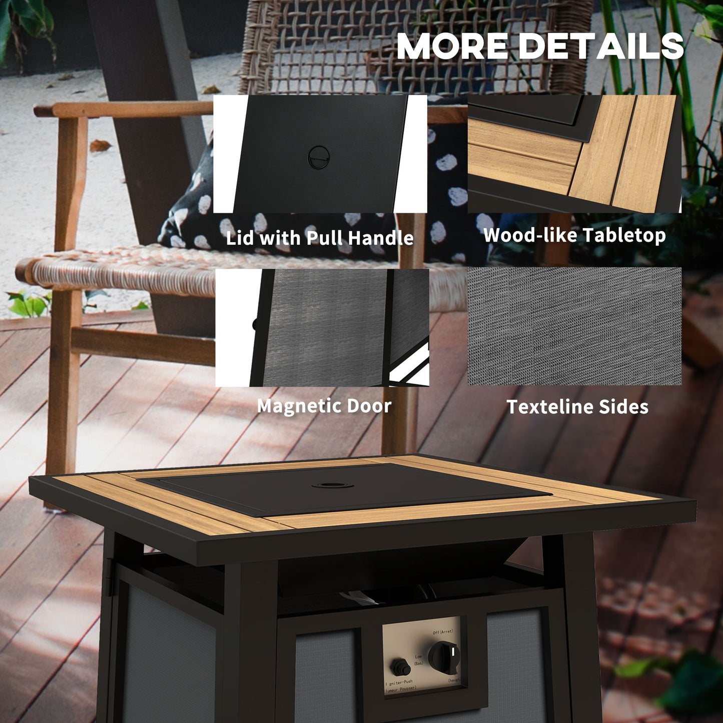 Propane Gas Fire Pit Table, 50000 BTU Smokeless Firepit Outdoor Patio Heater with Waterproof Cover, Glass Beads and Lid, 71 x 71 x 66.5cm, Dark Grey